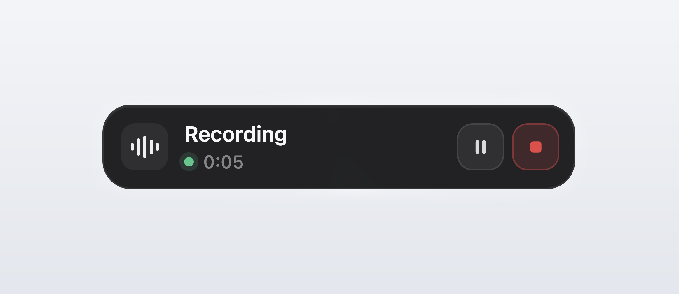 The floating meeting indicator reading Recording with a level meter, a 0:05 timer, and pause and stop buttons