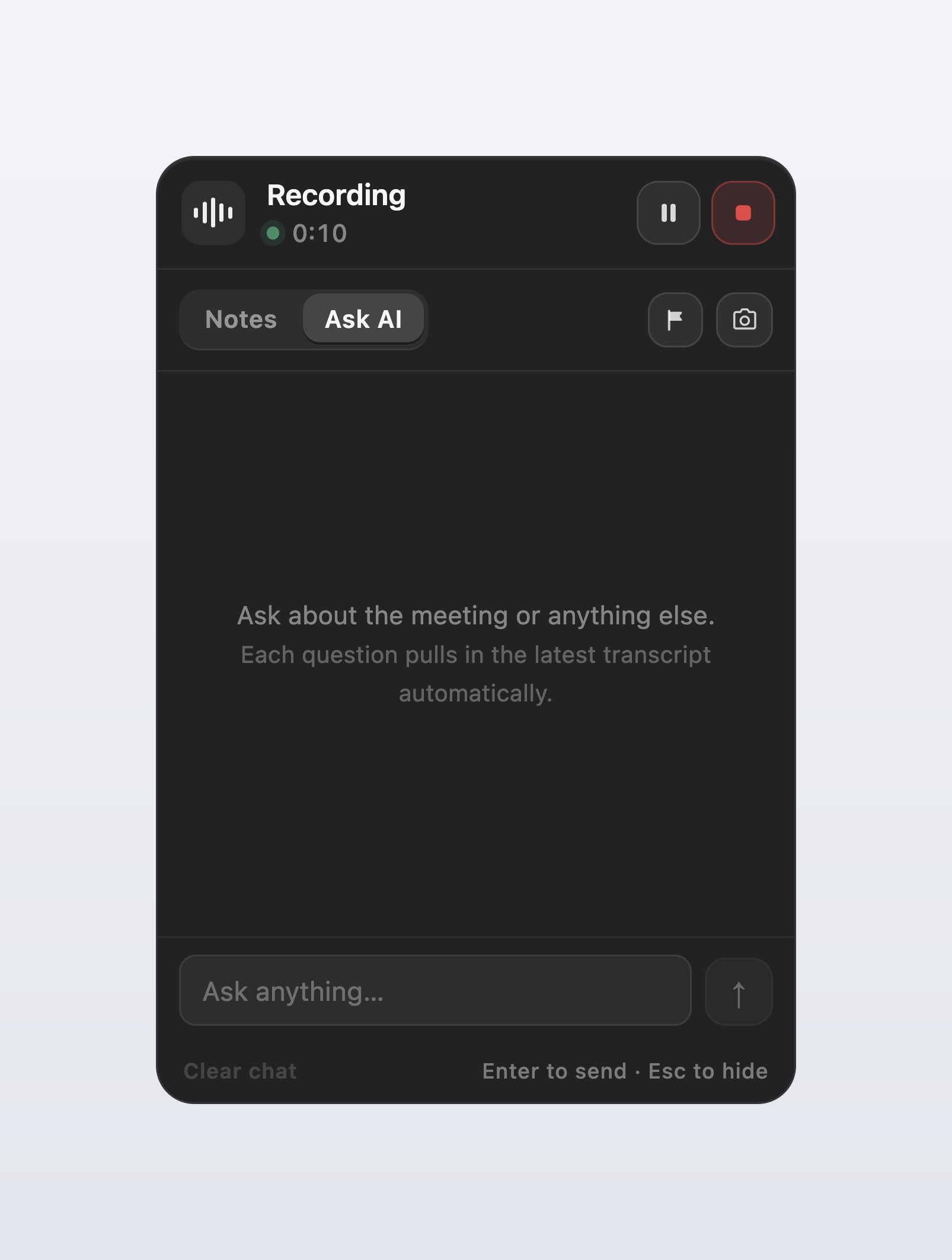 The indicator hover card on its Ask AI tab, empty, with a composer reading Ask anything and a mark-important and screenshot button in the header