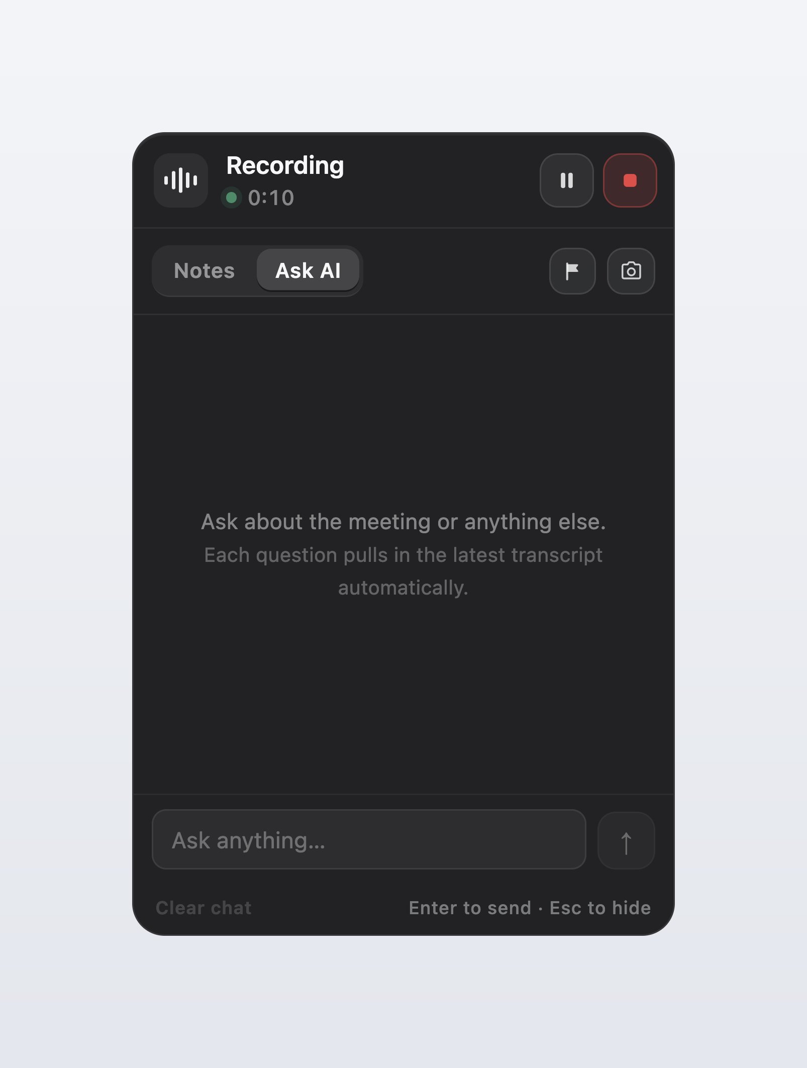 The indicator hover card on its Ask AI tab, empty, with a composer reading Ask anything and a mark-important and screenshot button in the header