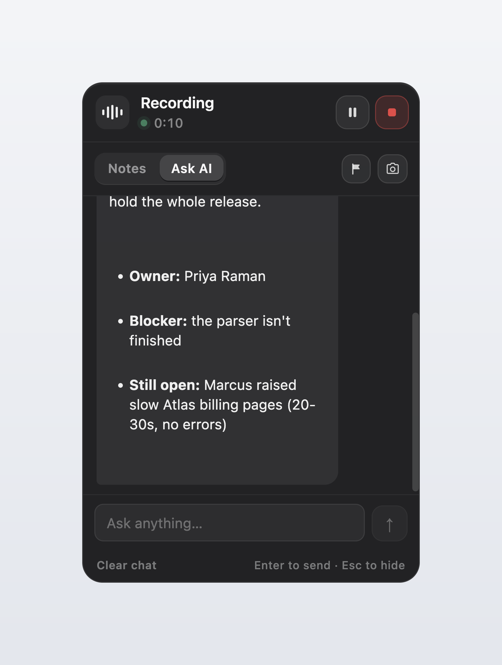 An answer in the indicator hover card listing an owner, a blocker and an open question from a product meeting