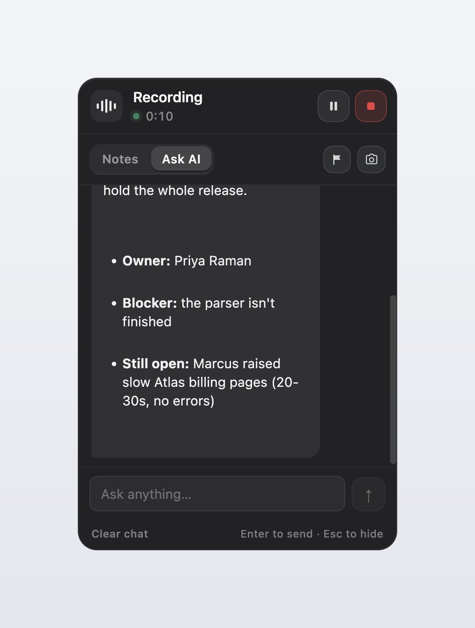 An answer in the indicator hover card listing an owner, a blocker and an open question from a product meeting