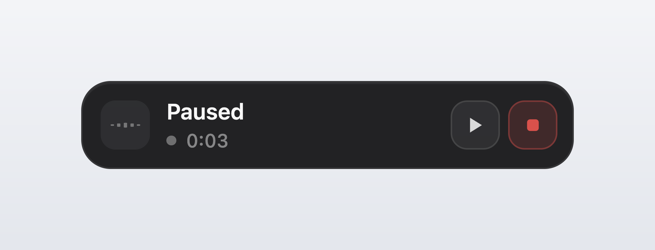 The floating meeting indicator reading Paused with a flat level meter, a frozen timer, and a play button