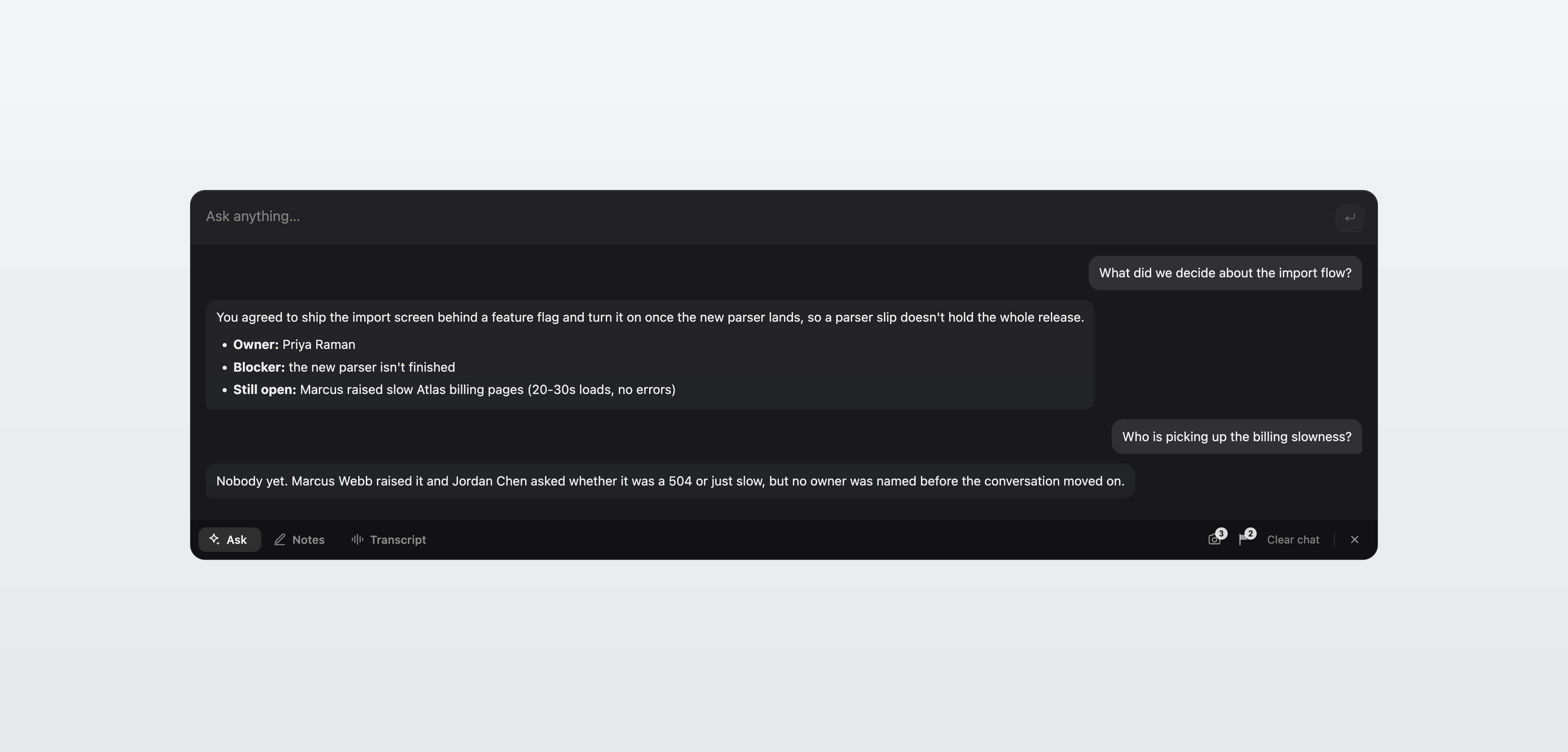 The floating meeting panel on the Ask tab, showing two questions answered from a product meeting, with the Ask, Notes and Transcript tabs in the action bar below