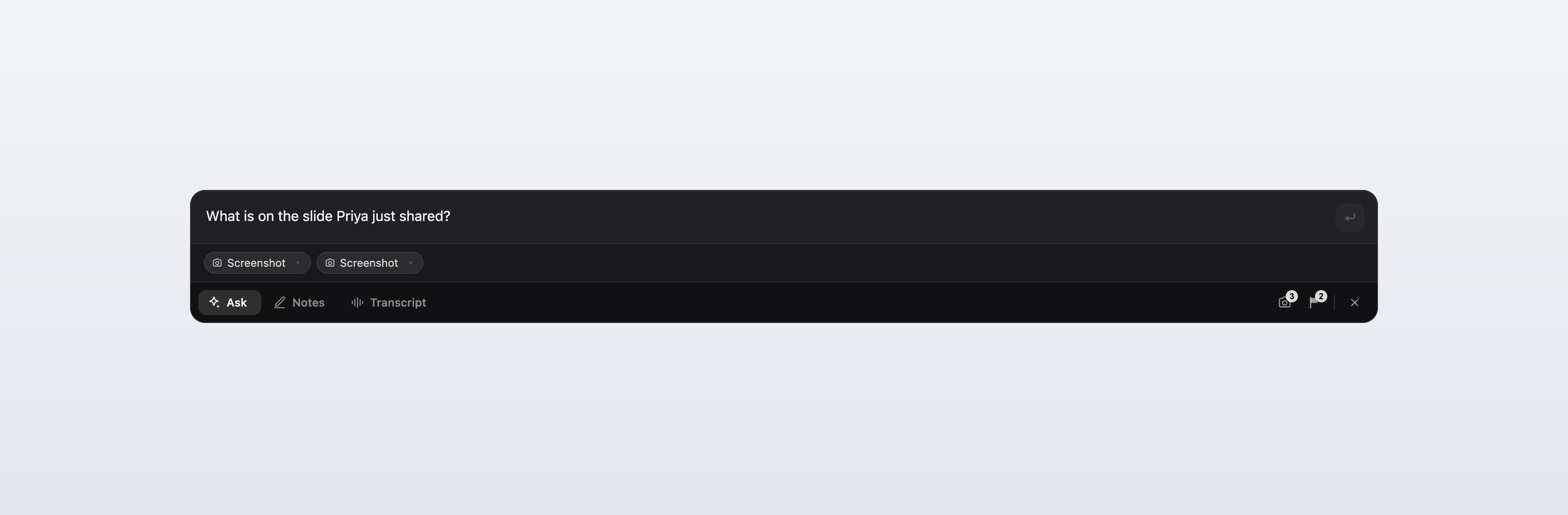 Two removable Screenshot chips above the meeting panel composer