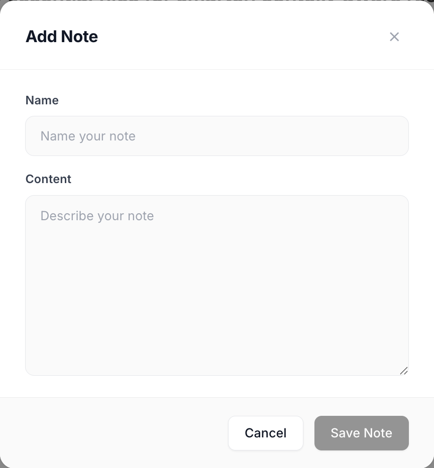 The Add Note dialog with Name and Content fields and a Save Note button