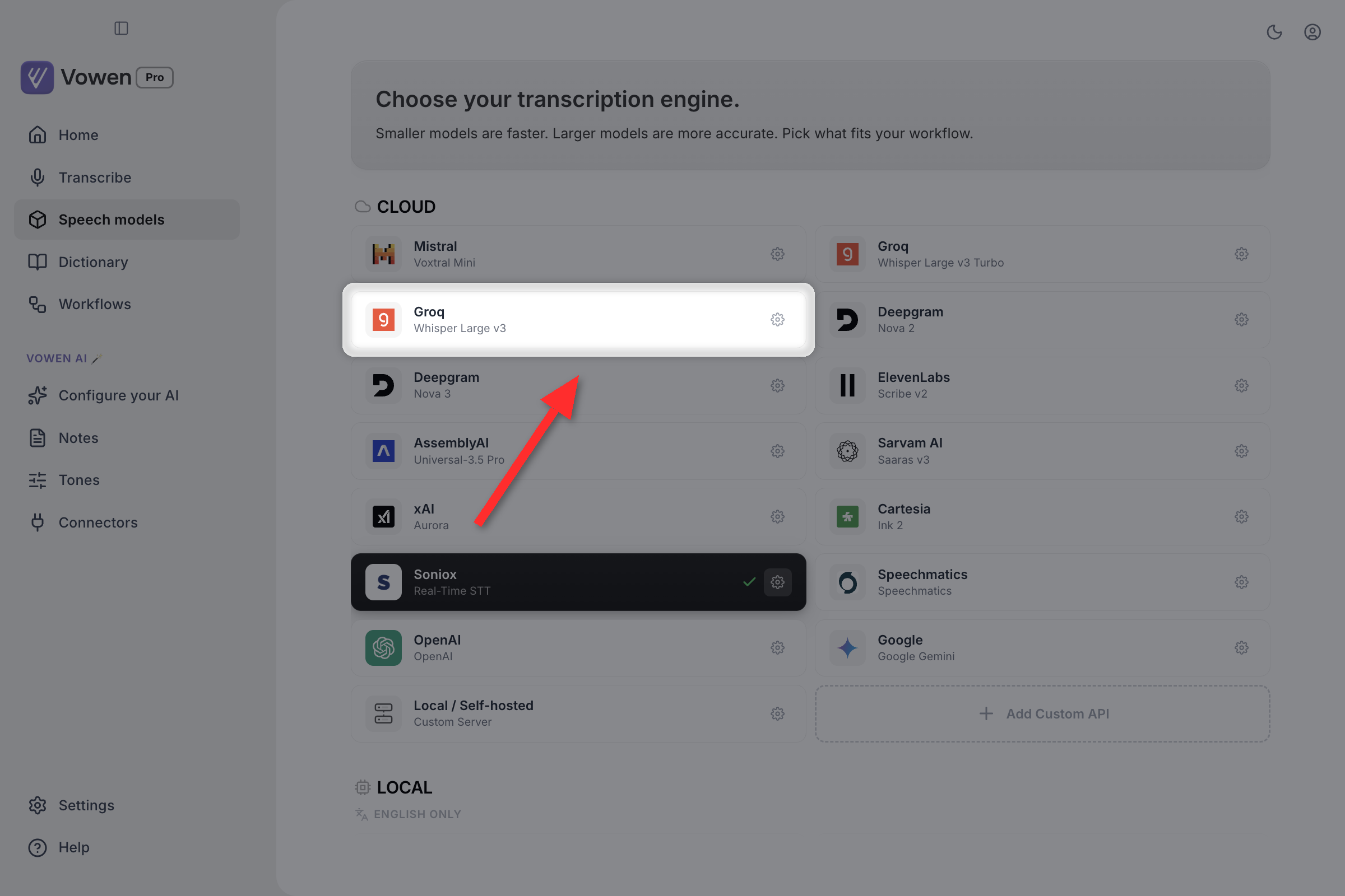 The Cloud section of the Speech models page with one provider card highlighted