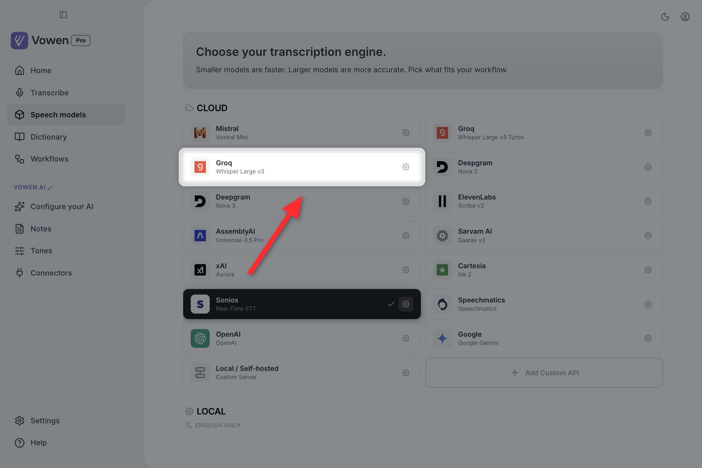 The Cloud section of the Speech models page with one provider card highlighted