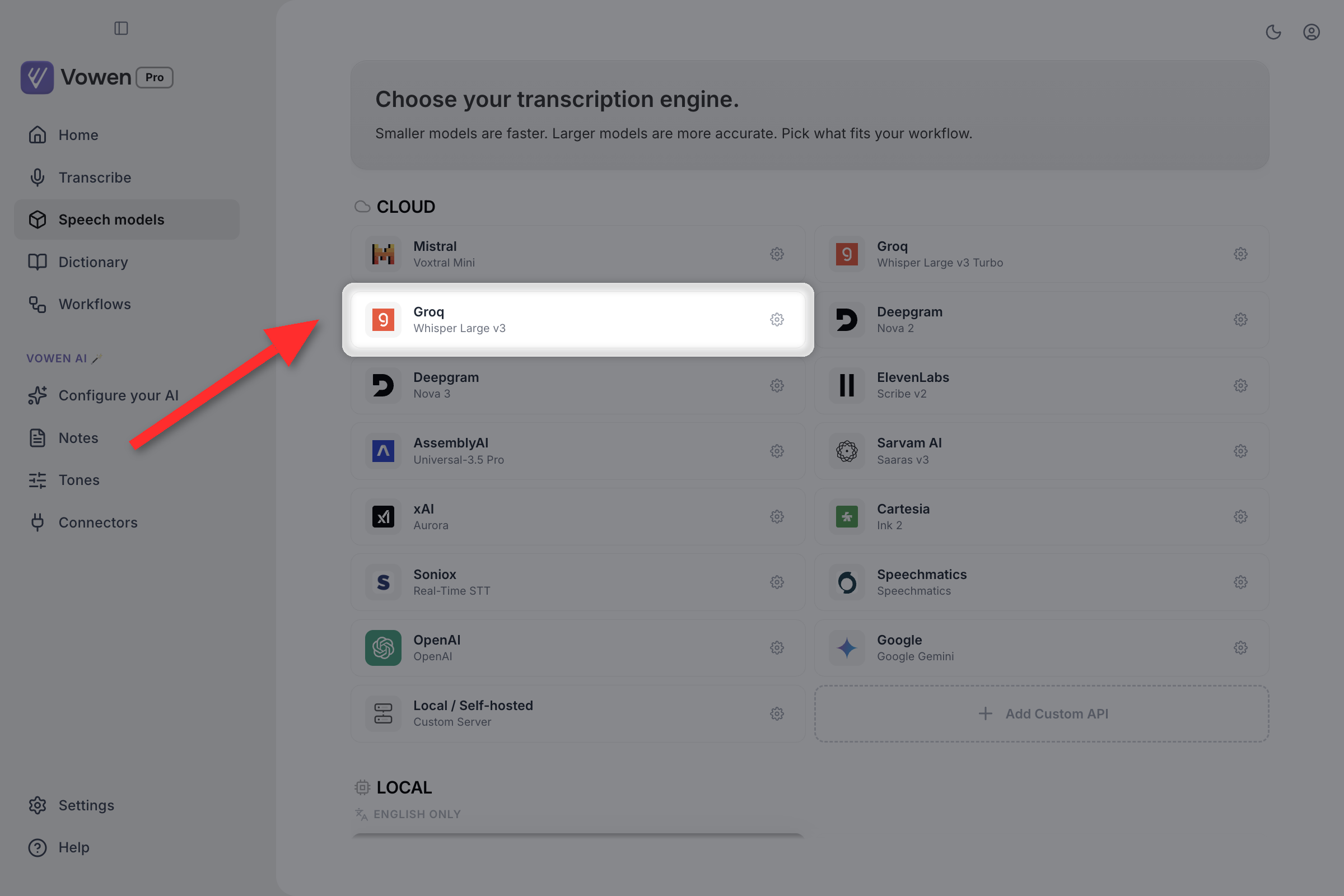 The Cloud section with a configured provider card highlighted, showing the gear that reopens its settings
