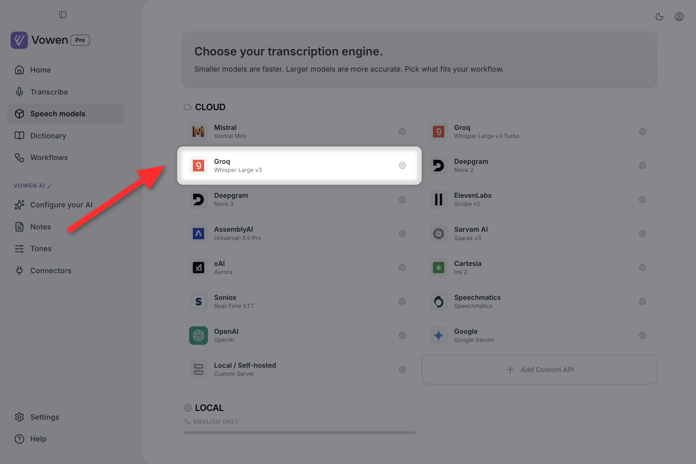The Cloud section with a configured provider card highlighted, showing the gear that reopens its settings