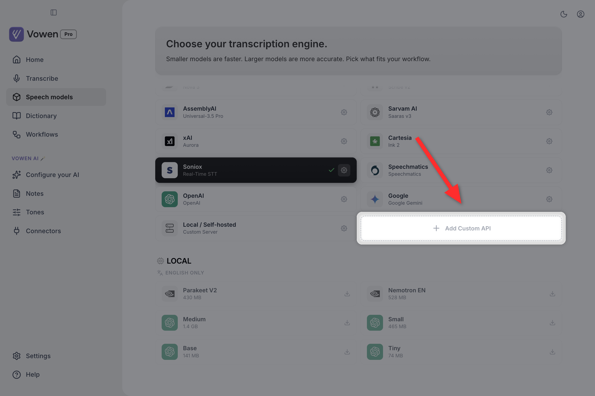 The end of the Cloud section on the Speech models page, with the dotted Add Custom API card highlighted
