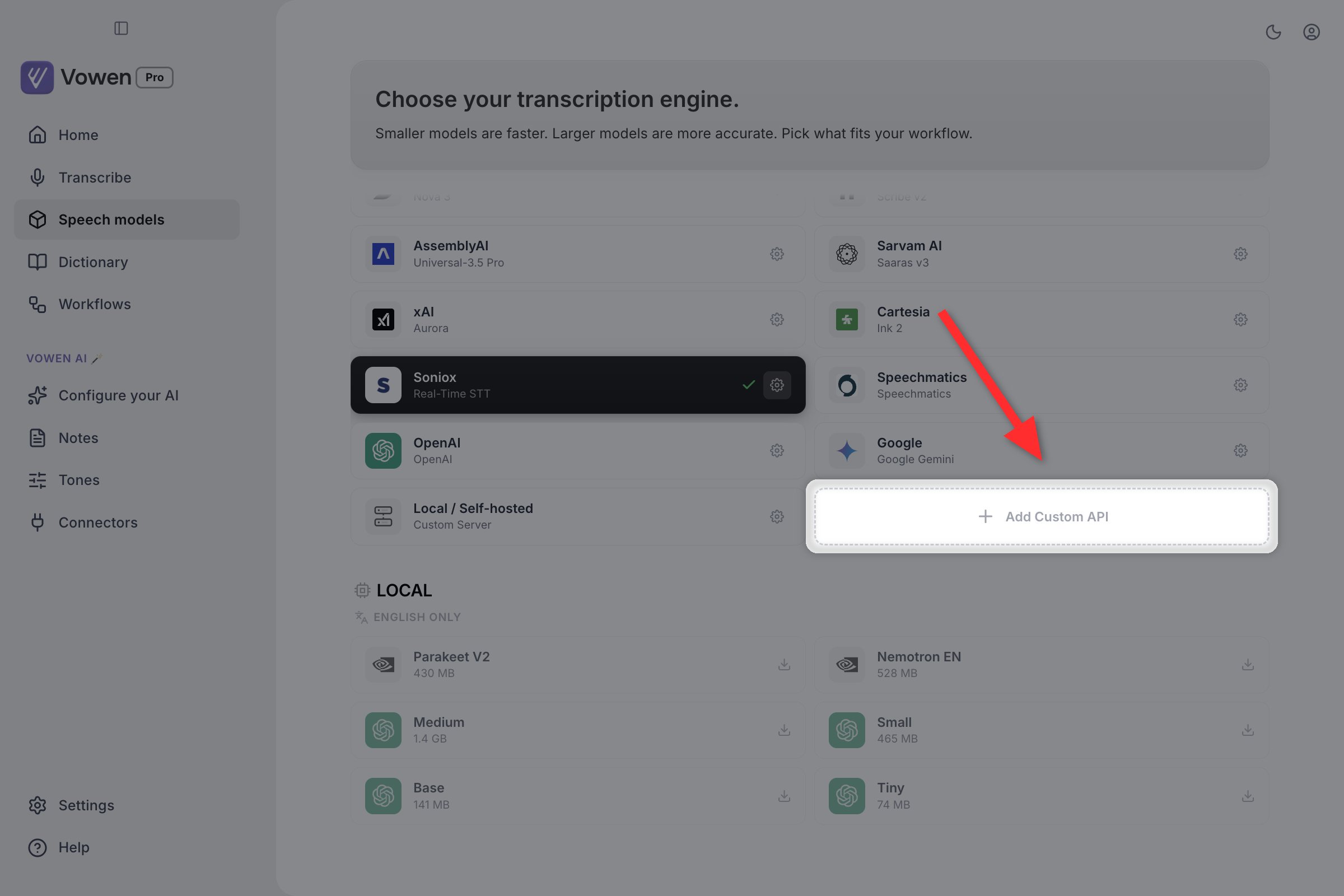 The end of the Cloud section on the Speech models page, with the dotted Add Custom API card highlighted