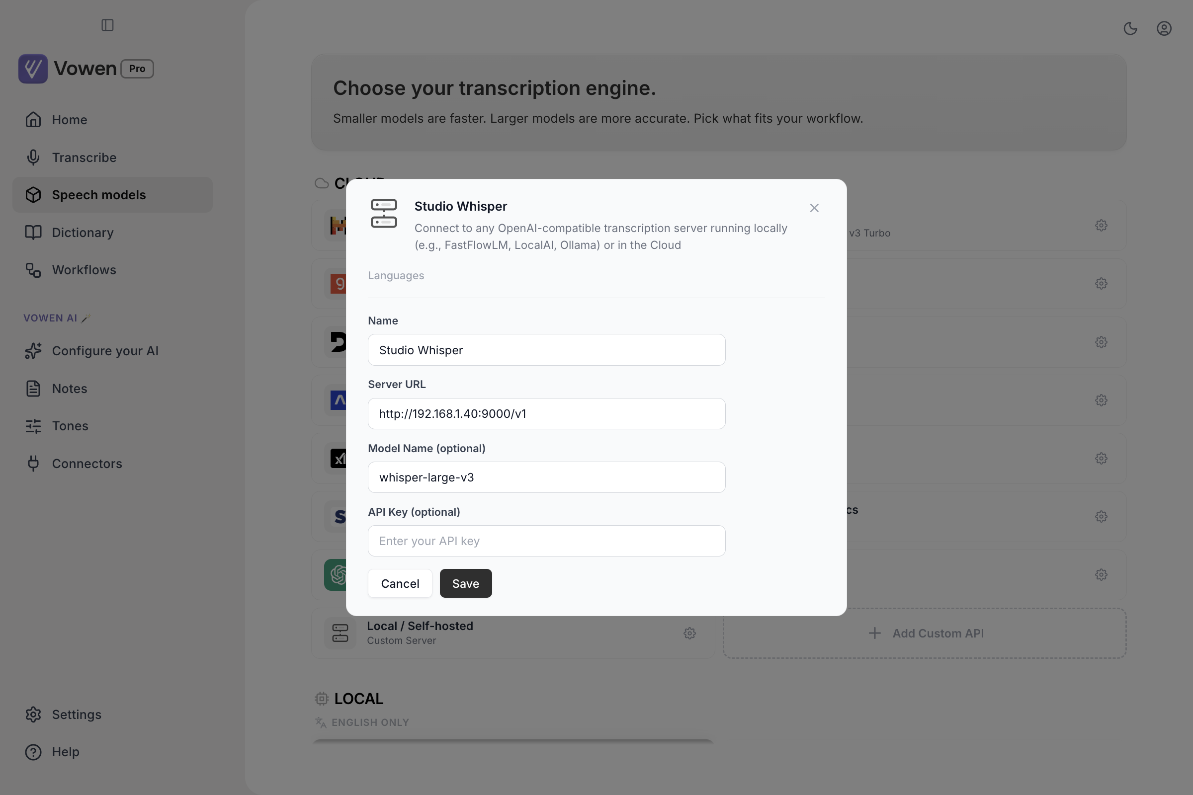 The Add Custom API form filled in with a name, a server URL, a model name, and an empty optional API key field