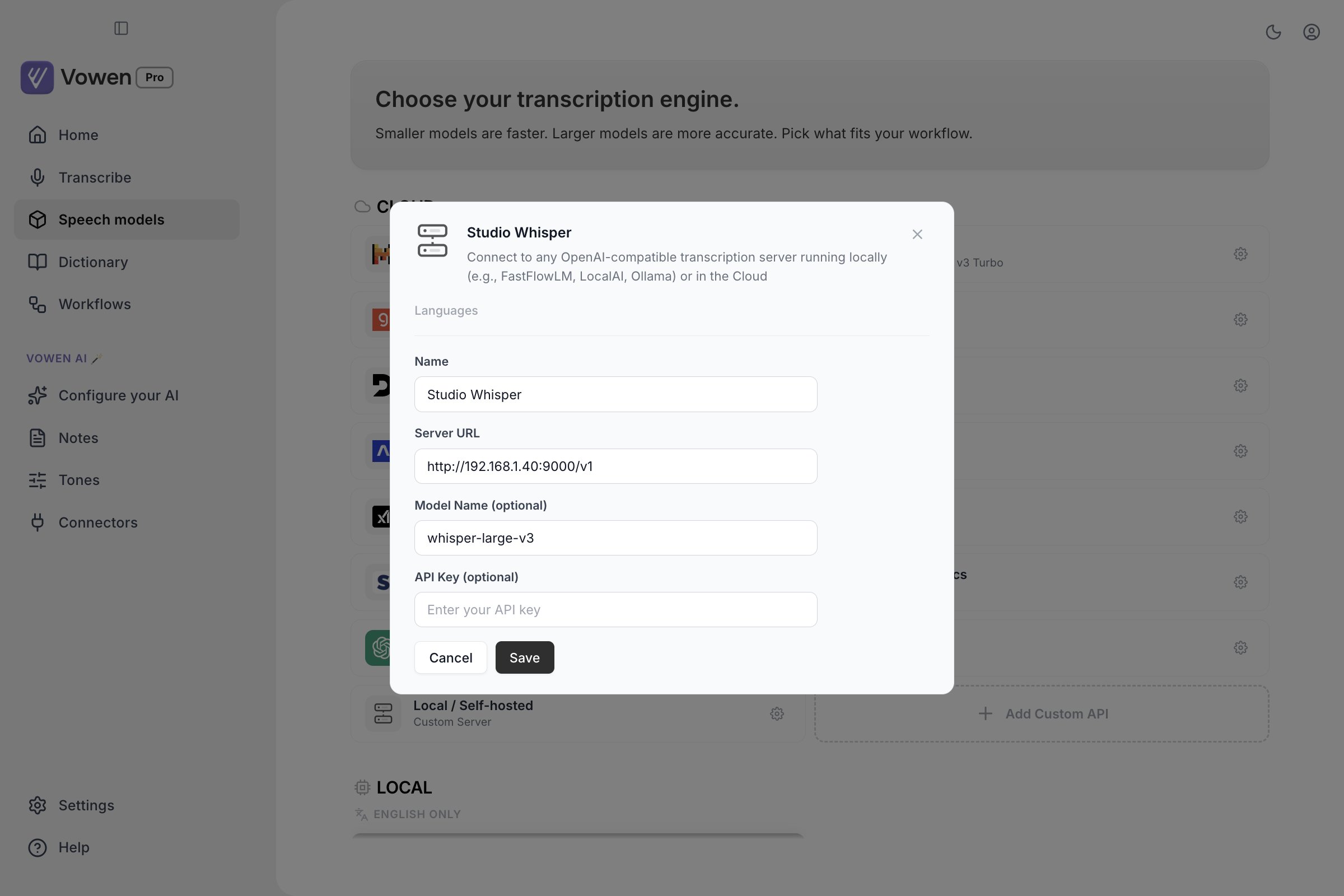 The Add Custom API form filled in with a name, a server URL, a model name, and an empty optional API key field