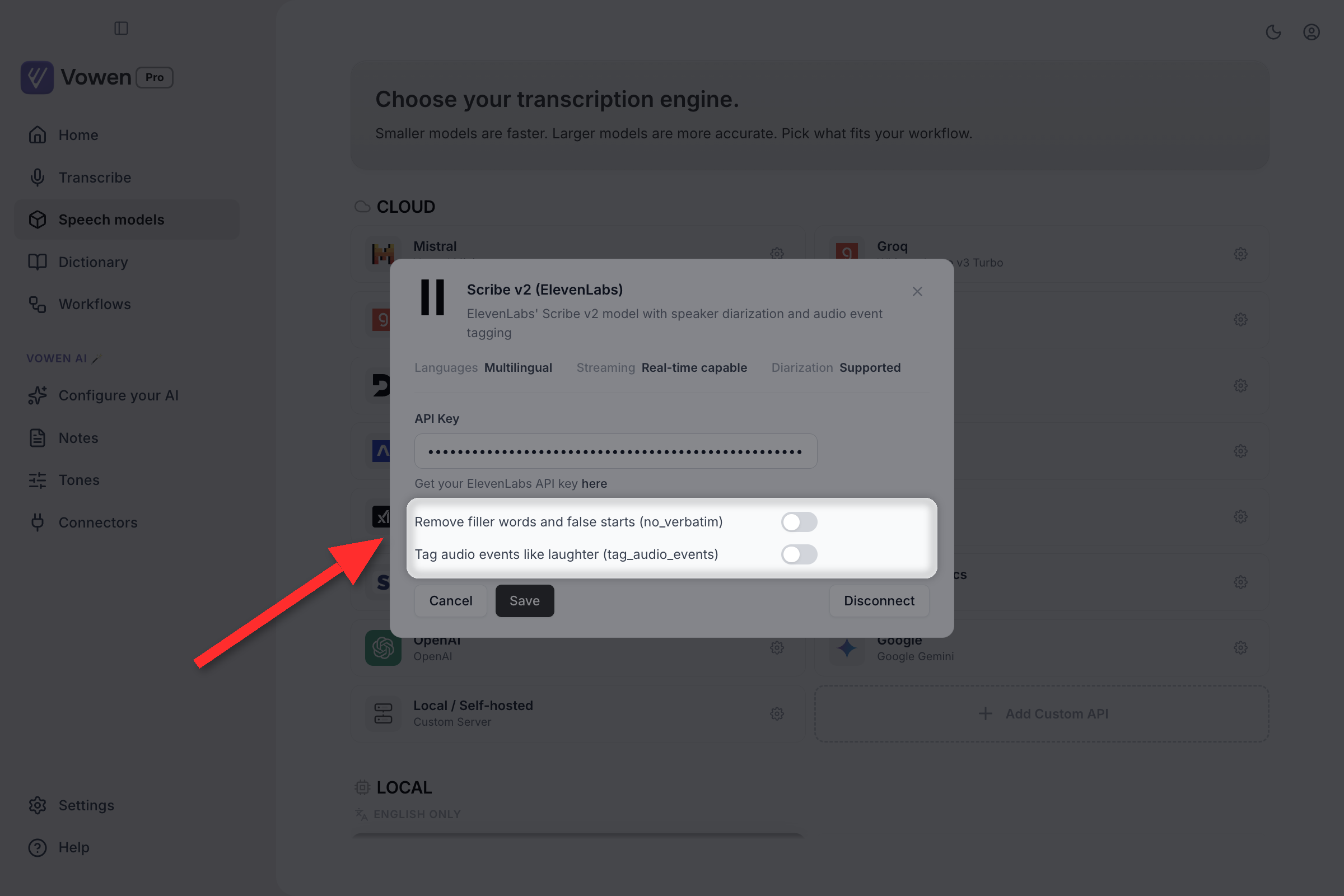 The ElevenLabs Scribe v2 configuration panel with its two option toggles highlighted