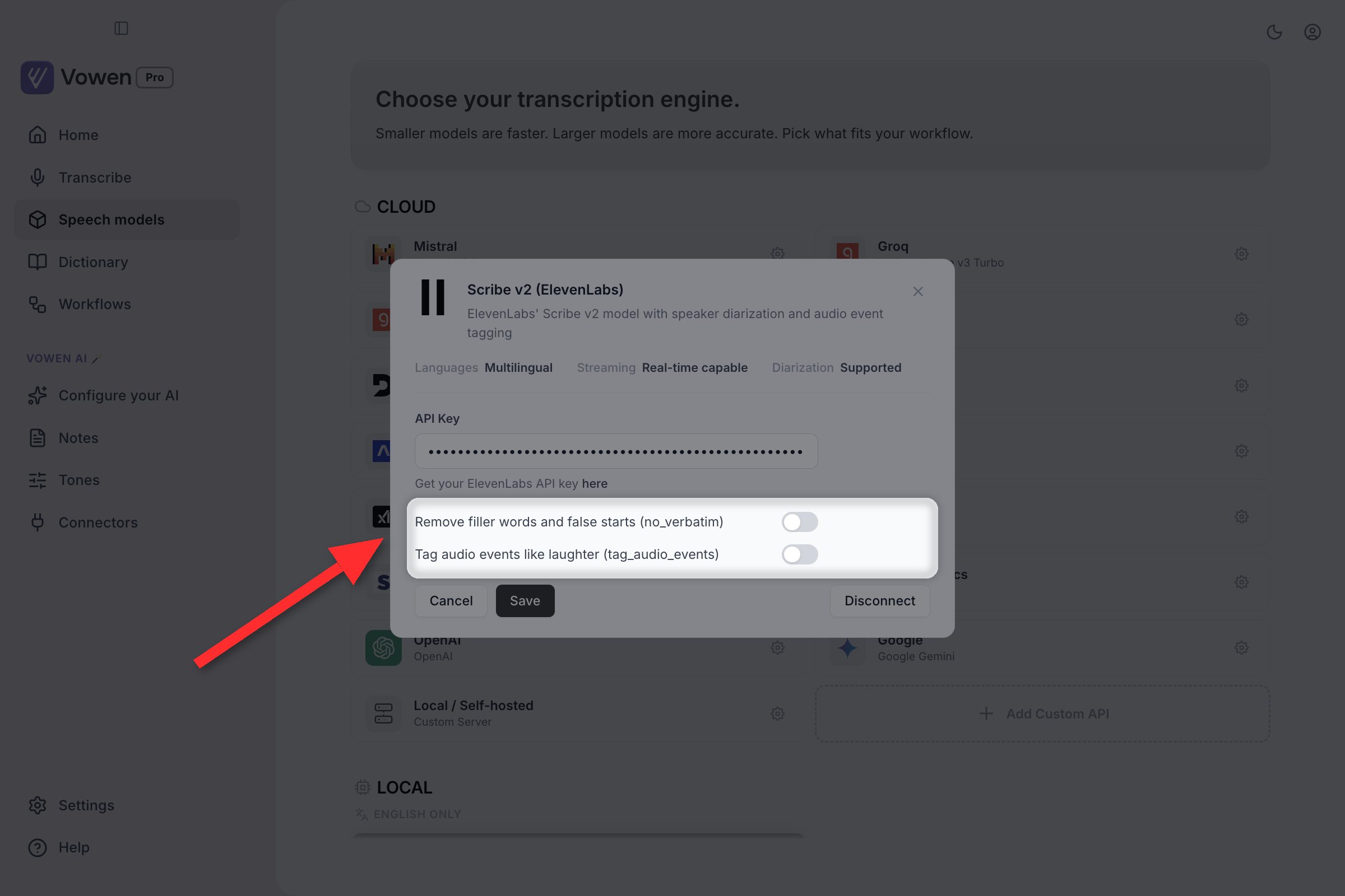 The ElevenLabs Scribe v2 configuration panel with its two option toggles highlighted