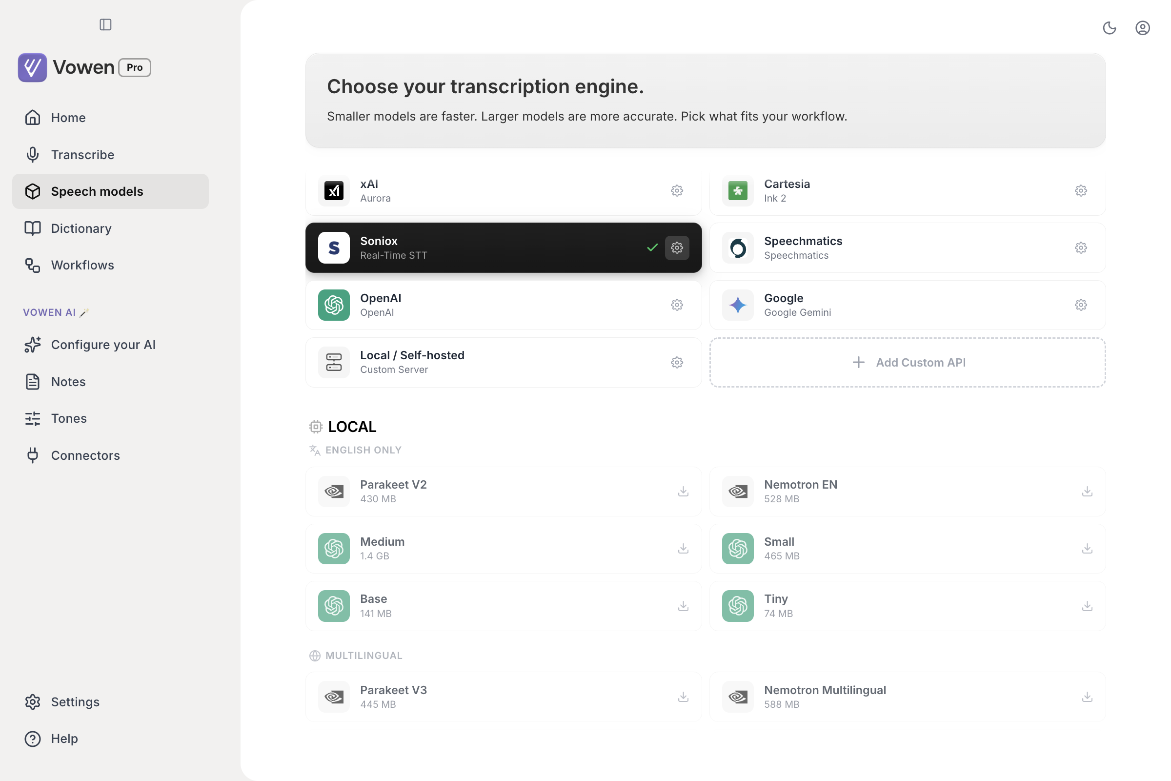 The Local section of the Speech models page listing model cards with their sizes and download buttons