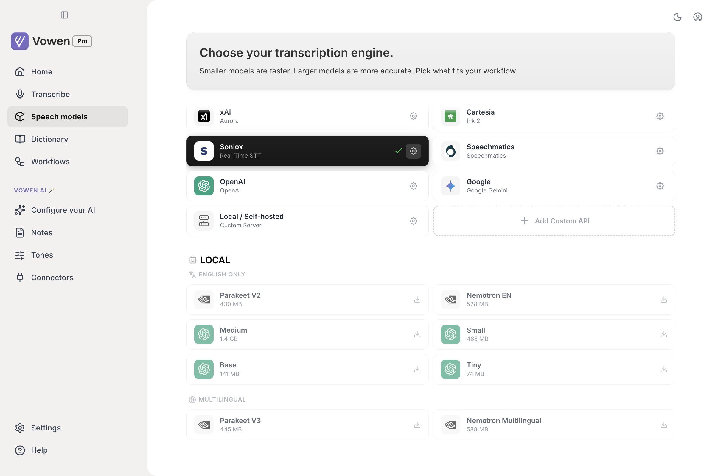 The Speech models page listing cloud providers and local models such as Parakeet V2, Nemotron EN, Small, Base and Tiny with their download sizes
