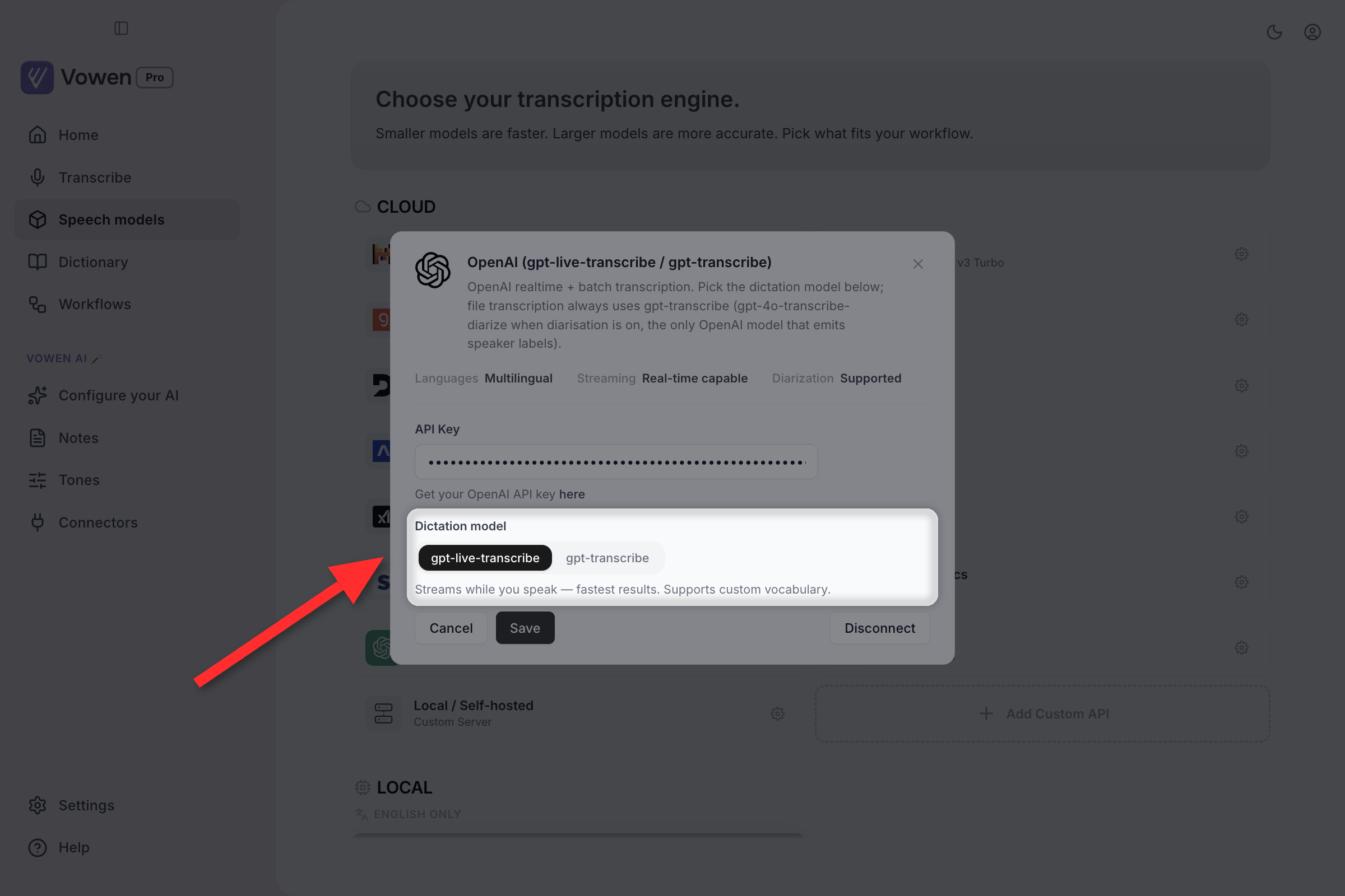 The OpenAI configuration panel with the Dictation model toggle highlighted, offering gpt-live-transcribe and gpt-transcribe