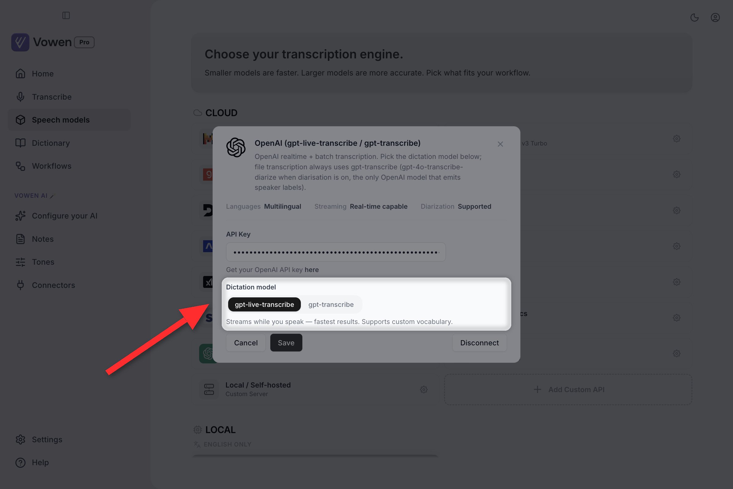 The OpenAI configuration panel with the Dictation model toggle highlighted, offering gpt-live-transcribe and gpt-transcribe