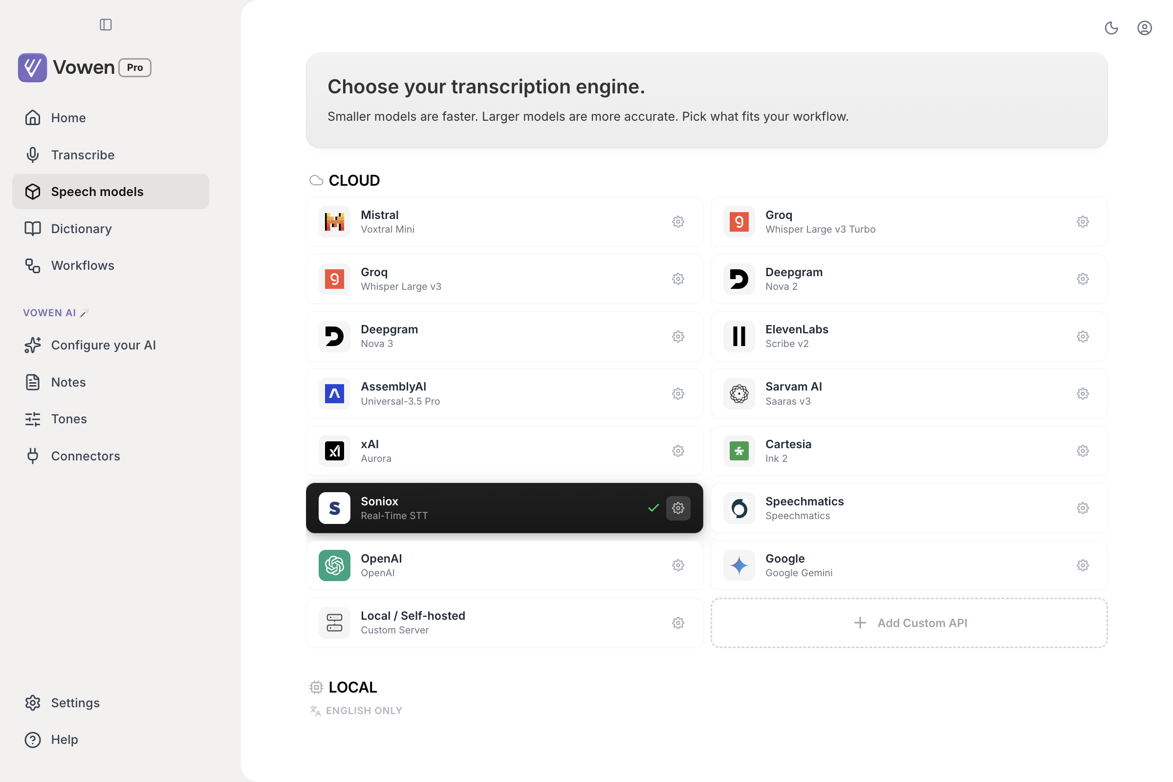 Vowen's Speech models page showing a grid of cloud provider cards above the Local section