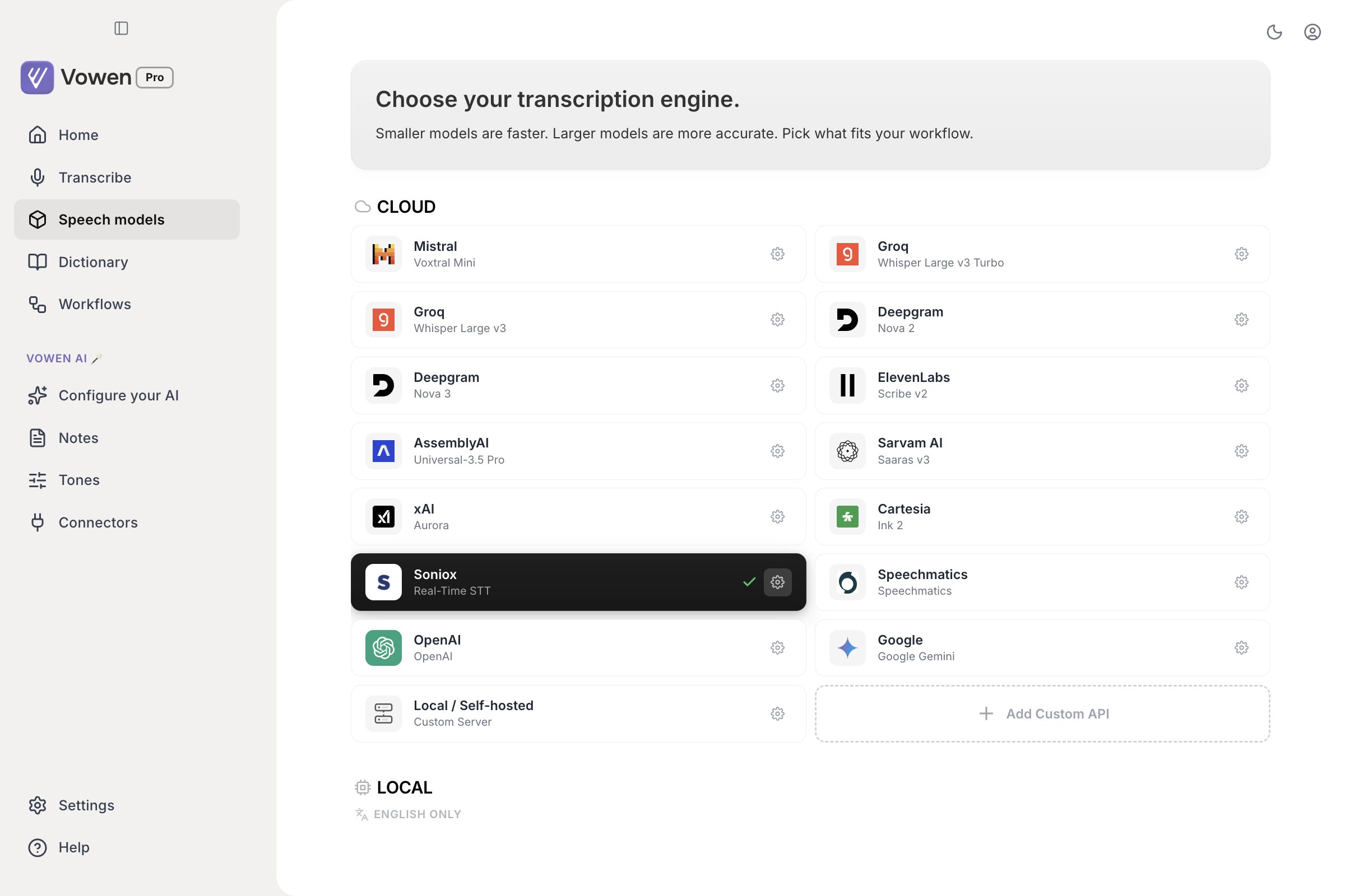 Vowen's Speech models page showing a grid of cloud provider cards above the Local section