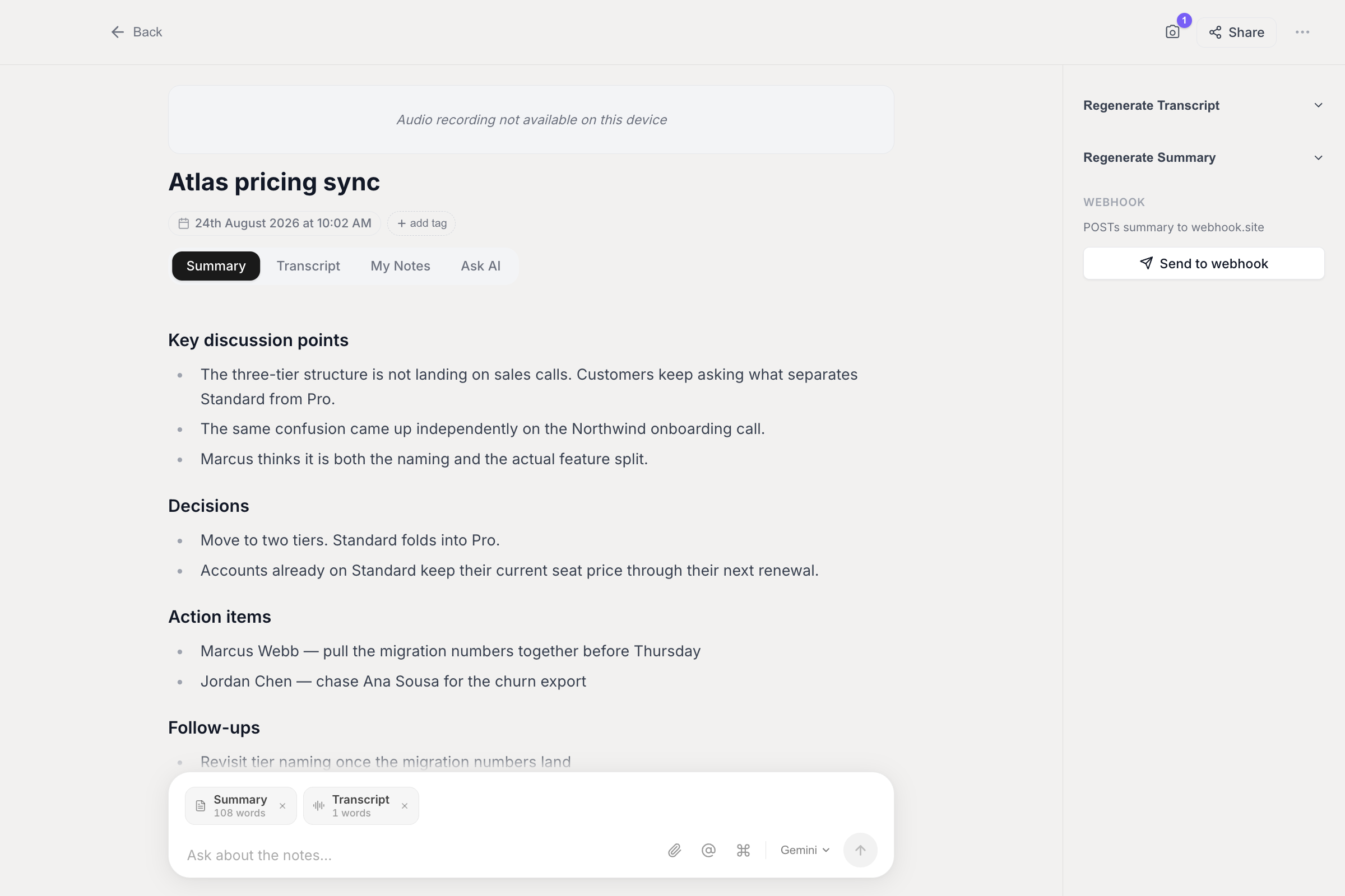 A meeting note on the Summary tab showing Key discussion points, Decisions, Action items and Follow-ups, with Regenerate Transcript and Regenerate Summary in the sidebar