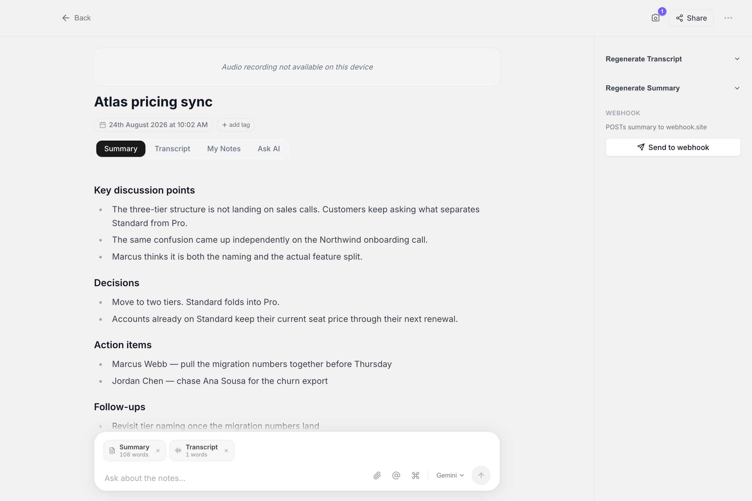 A meeting note on the Summary tab showing Key discussion points, Decisions, Action items and Follow-ups, with Regenerate Transcript and Regenerate Summary in the sidebar