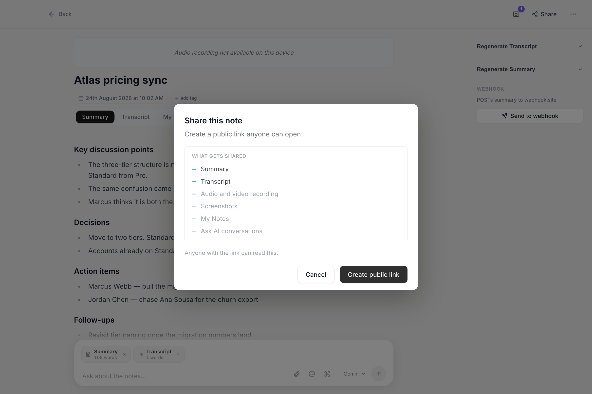 The Share this note dialog listing what gets shared, with Summary and Transcript ticked and audio, screenshots, My Notes and Ask AI excluded, above a Create public link button