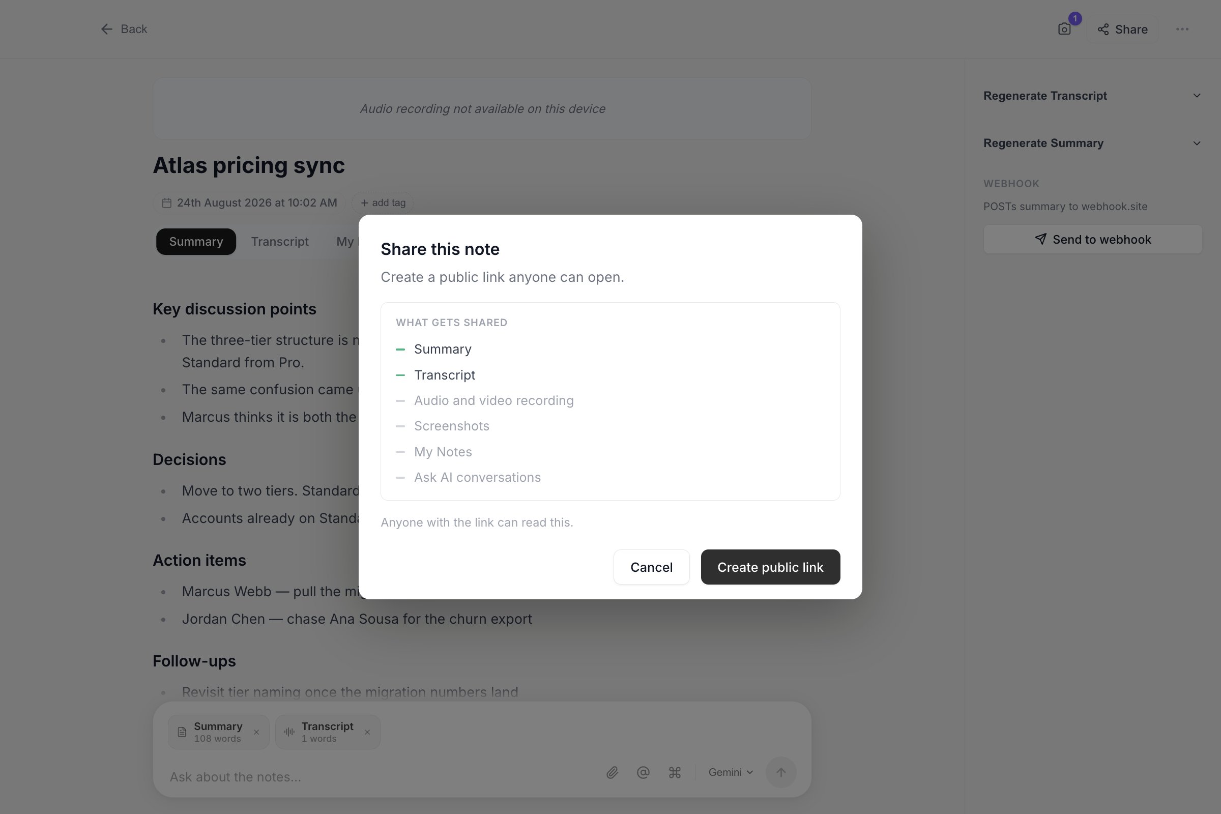 The Share this note dialog listing what gets shared, with Summary and Transcript ticked and audio, screenshots, My Notes and Ask AI excluded, above a Create public link button