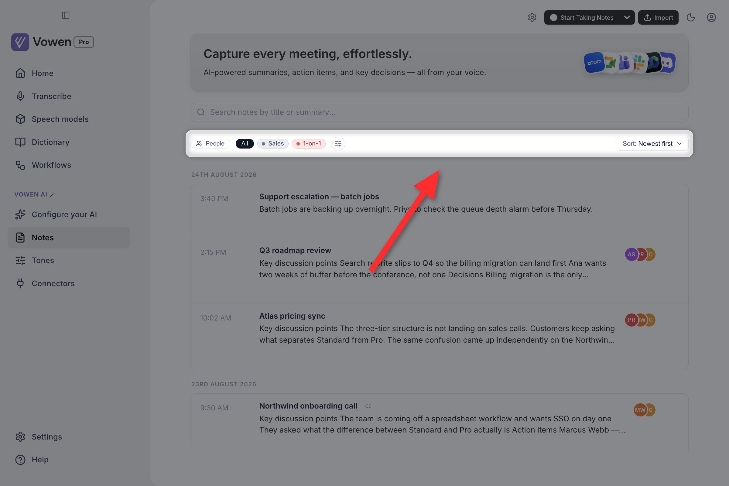 The Notes page filter bar with a People dropdown, an All chip, two colored tag chips, and a Sort: Newest first dropdown