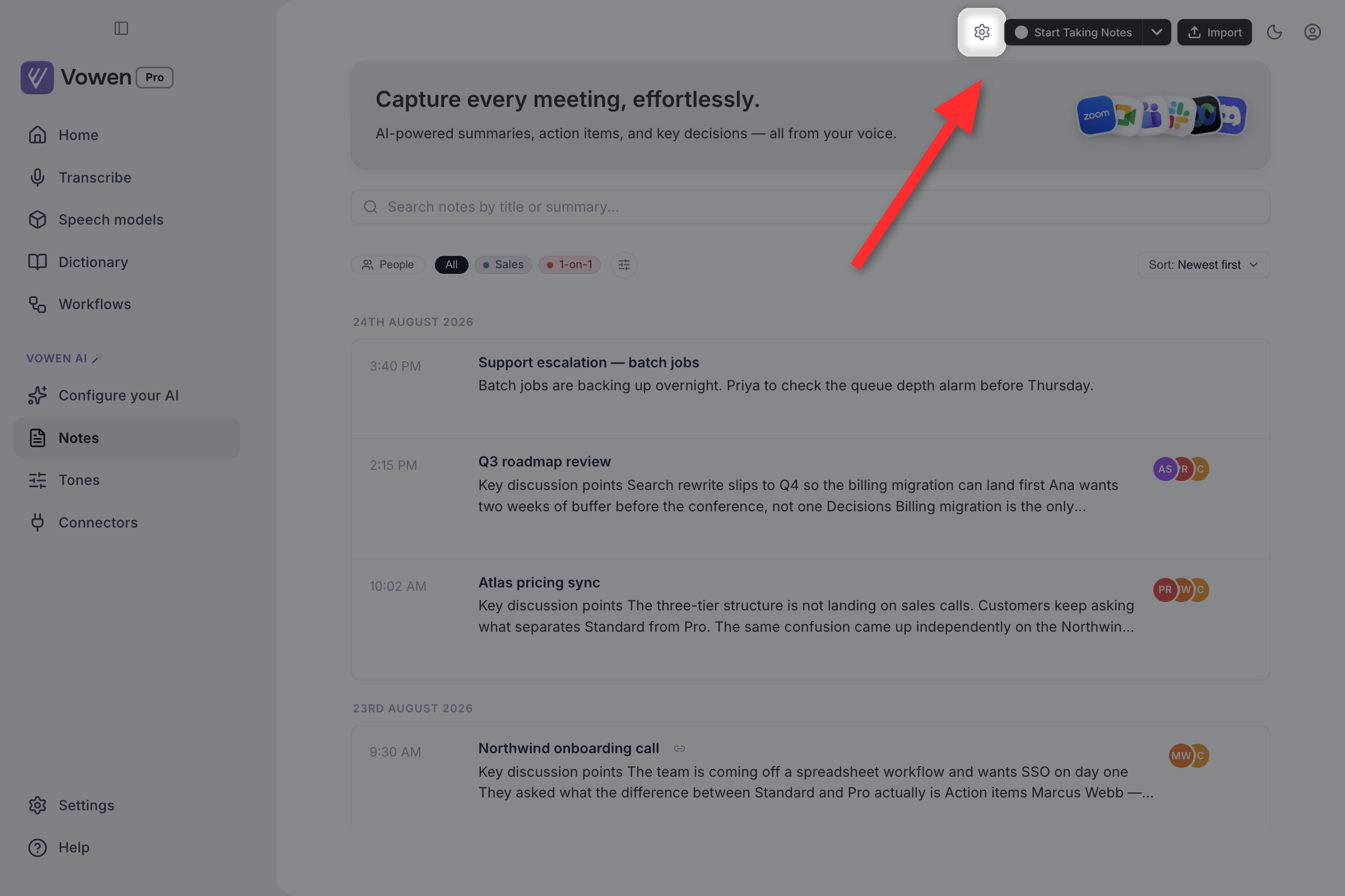 The Notes settings gear button in the Notes page toolbar