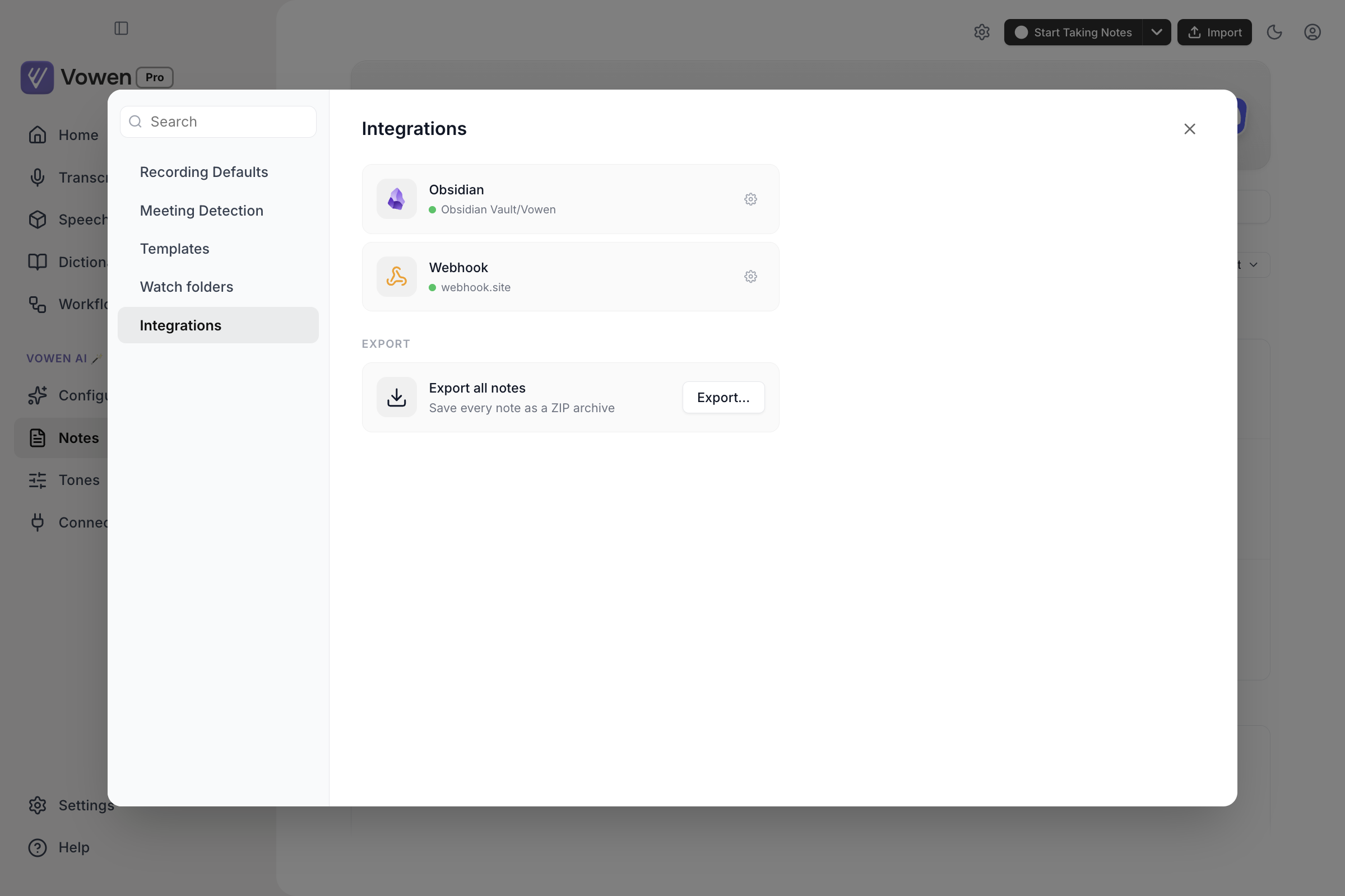 The Integrations tab of Notes settings showing a connected Obsidian card naming its vault, a Webhook card, and an Export all notes row