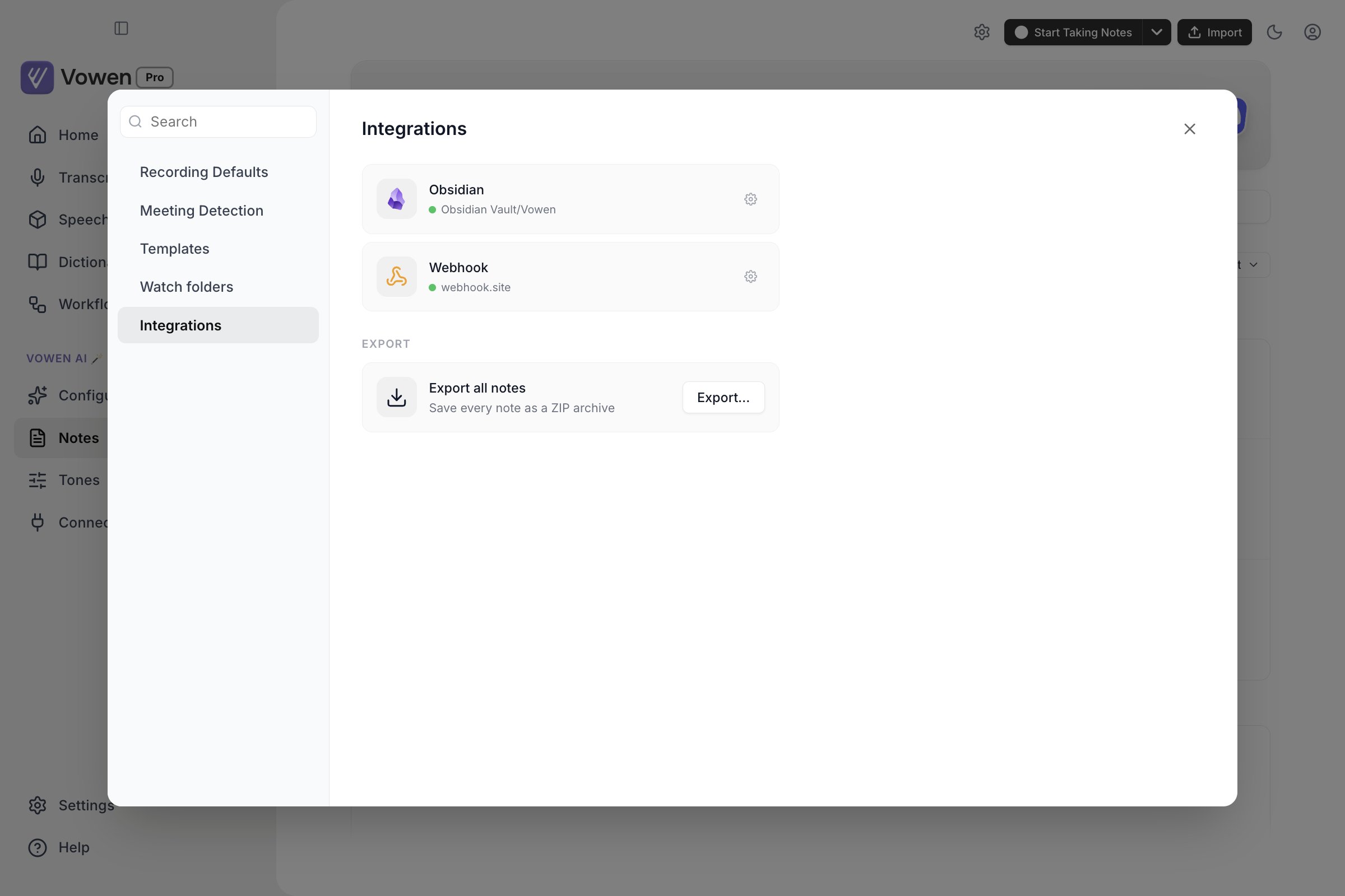 The Integrations tab of Notes settings showing a connected Obsidian card naming its vault, a Webhook card, and an Export all notes row