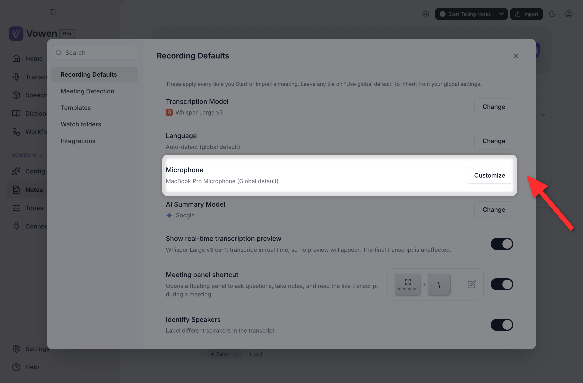 The Recording Defaults panel in Notes settings with the Microphone row highlighted, reading MacBook Pro Microphone (Global default) beside a Customize button
