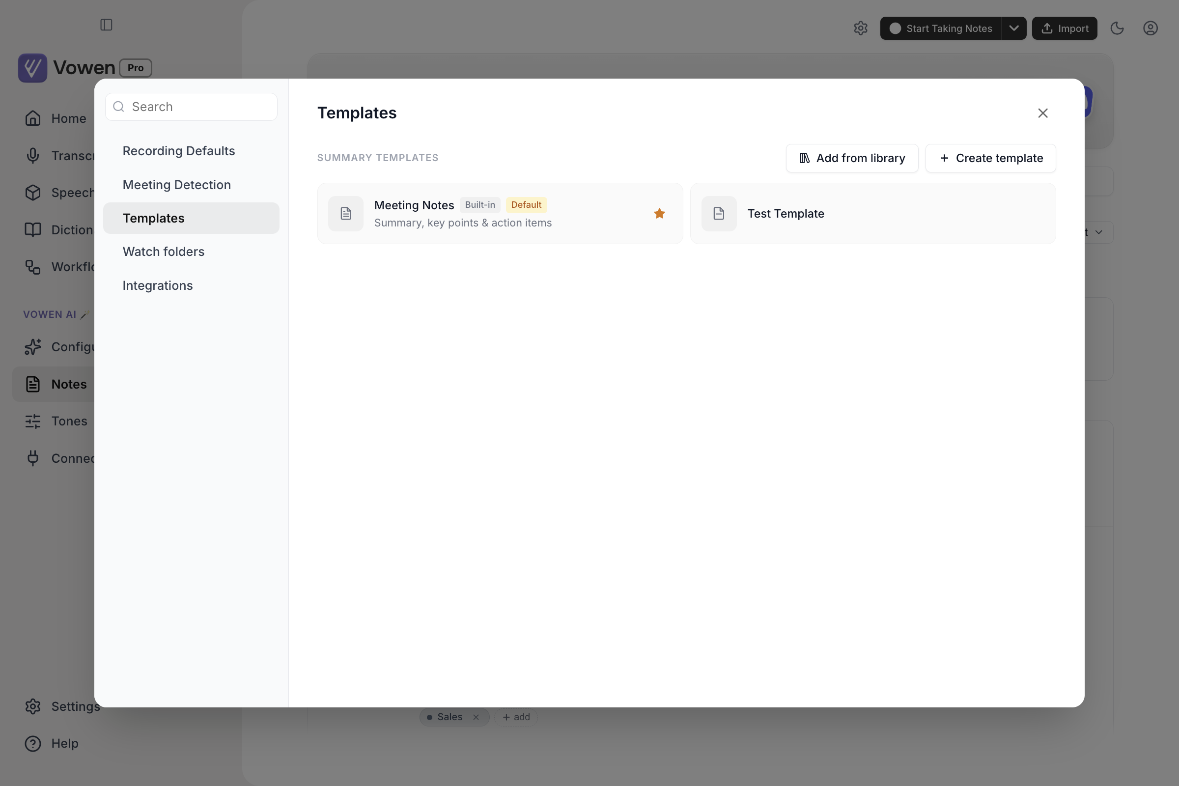 The Templates tab of Notes settings showing the built-in Meeting Notes template marked Built-in and Default, alongside another template, with Add from library and Create template buttons