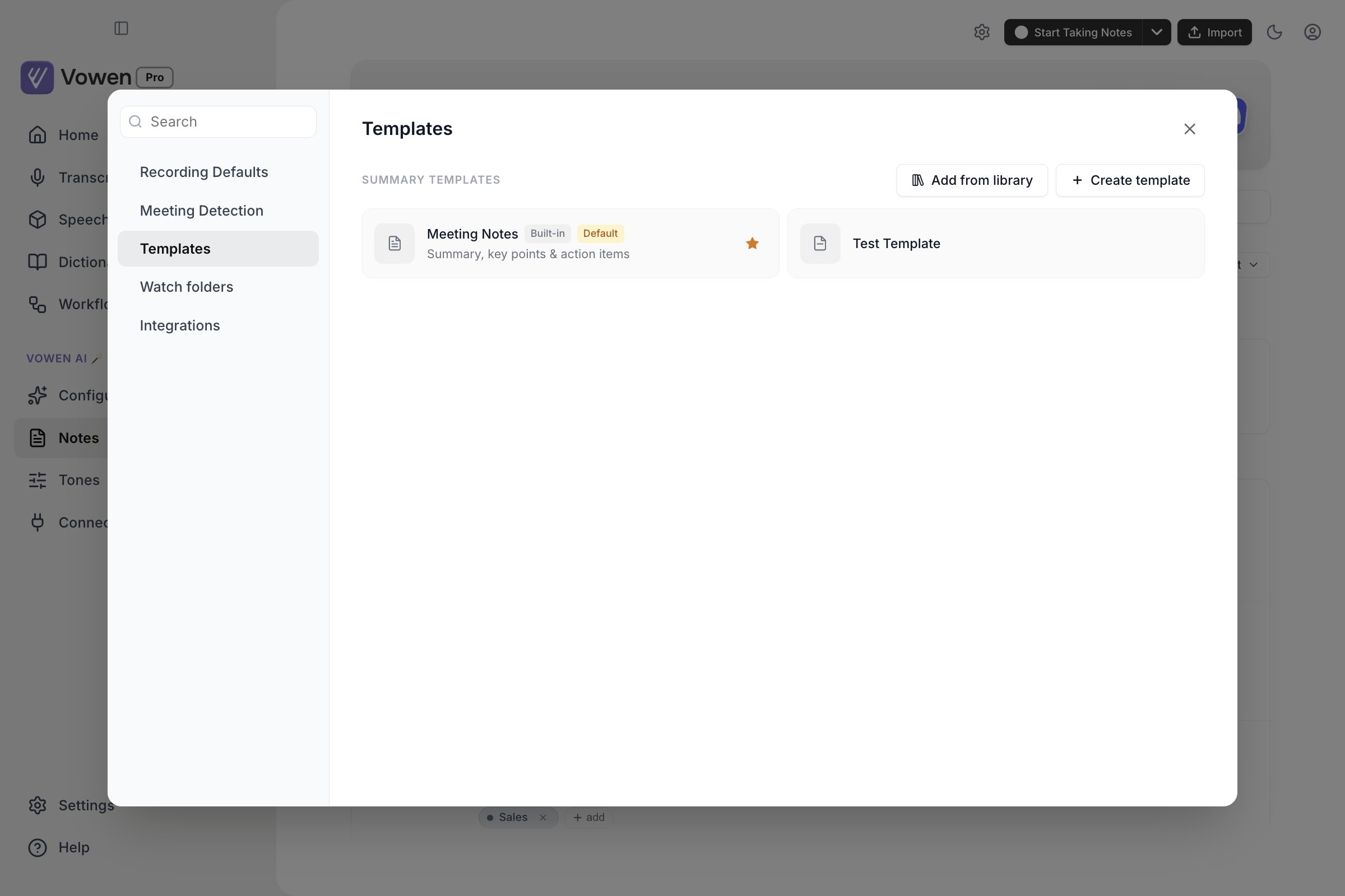 The Templates tab of Notes settings showing the built-in Meeting Notes template marked Built-in and Default, alongside another template, with Add from library and Create template buttons