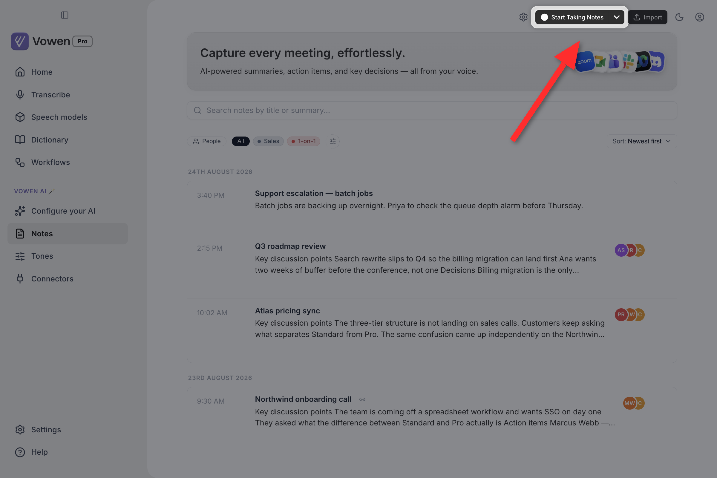 The Start Taking Notes split button in the Notes page toolbar, with a chevron on its right edge