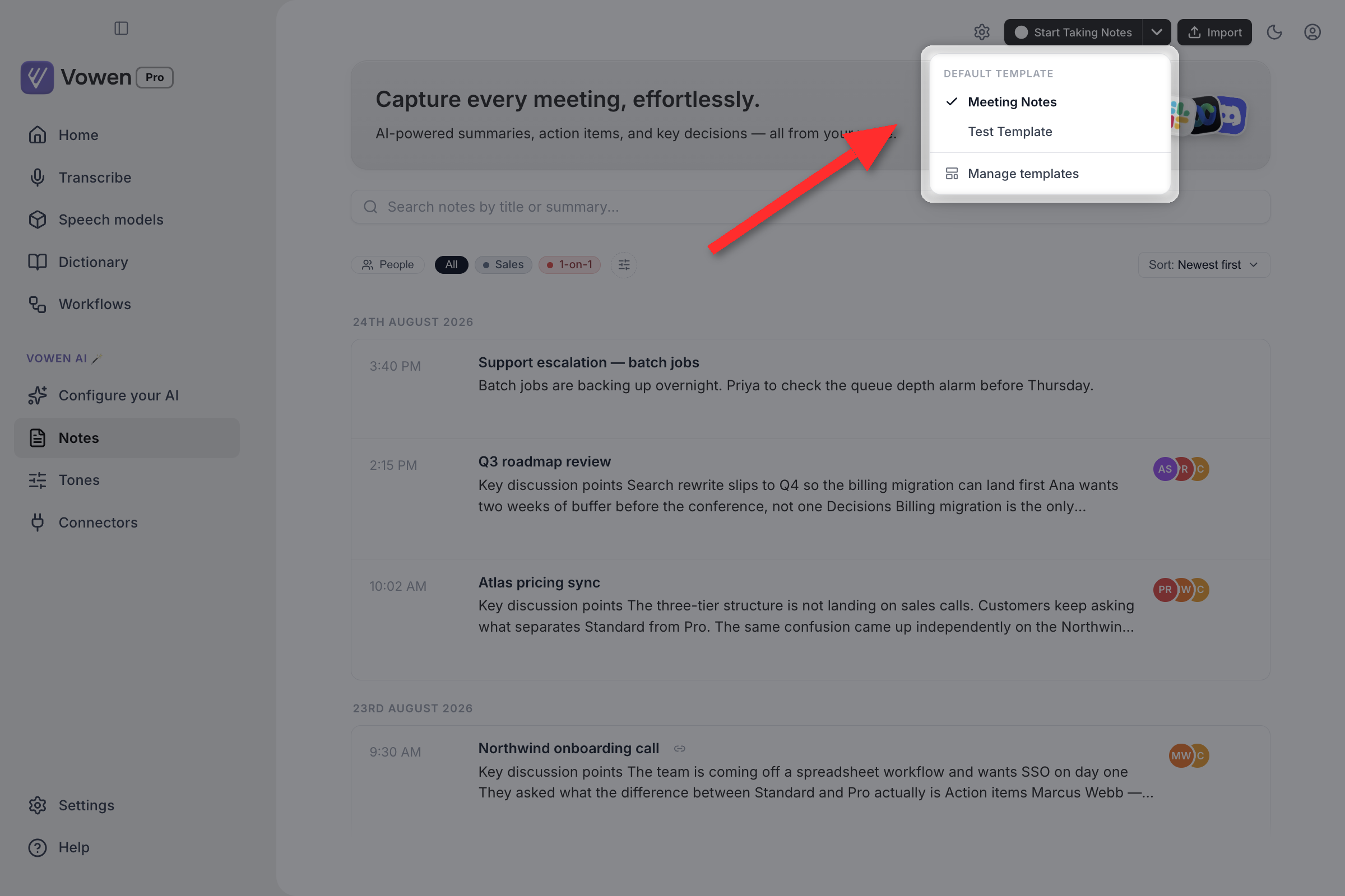 The Default template menu opened from the Start Taking Notes chevron, with Meeting Notes ticked and a Manage templates row at the bottom