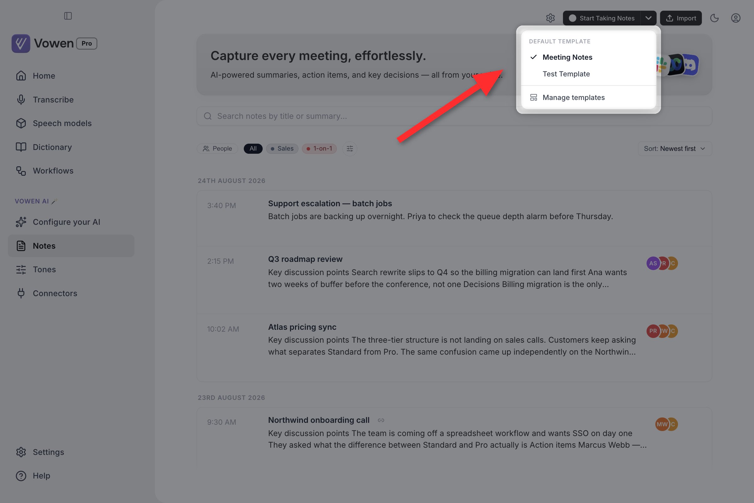 The Default template menu opened from the Start Taking Notes chevron, with Meeting Notes ticked and a Manage templates row at the bottom