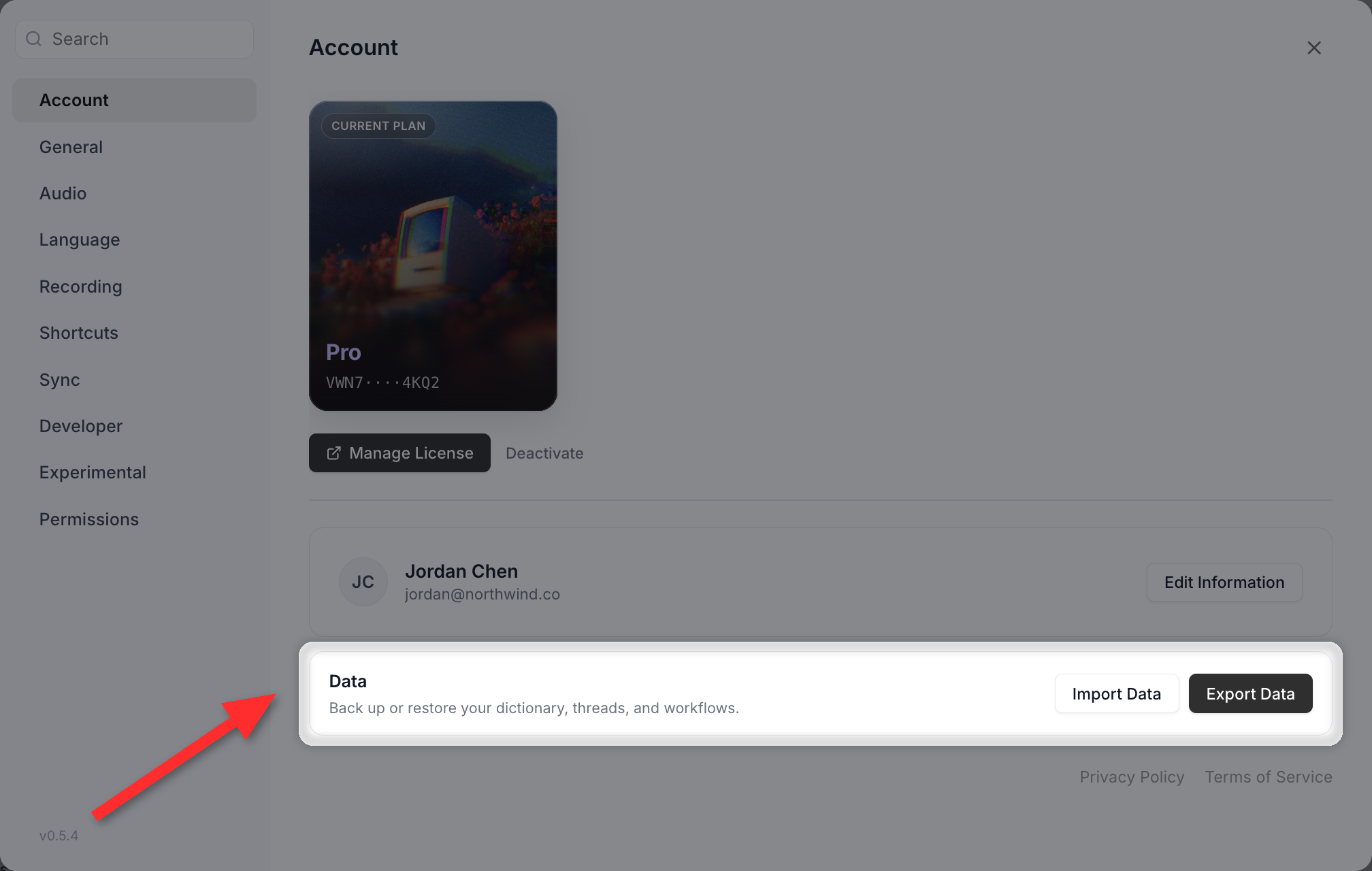 The Account section of Settings showing the Import / Export Data card