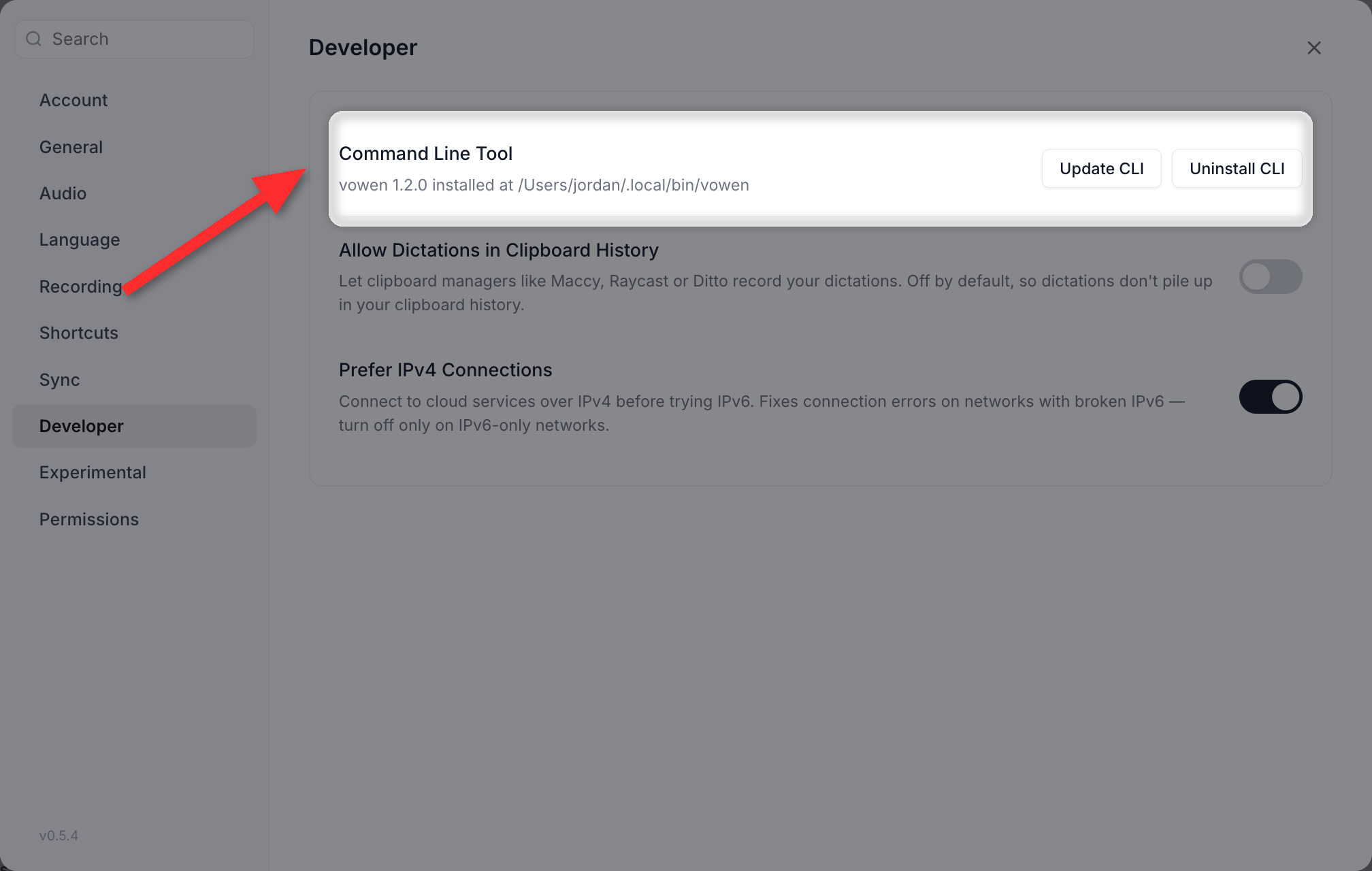 The Developer section of Settings showing the Command Line Tool card with its install state