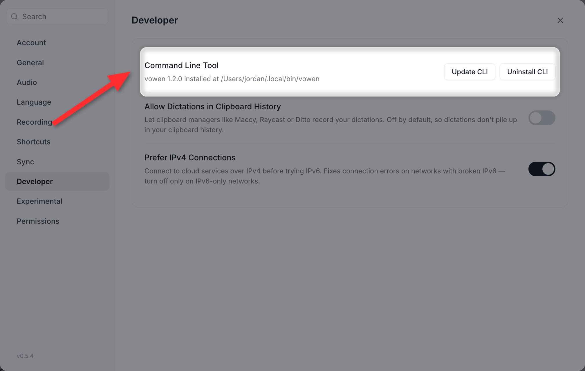 The Developer section of Settings showing the Command Line Tool card with its install state