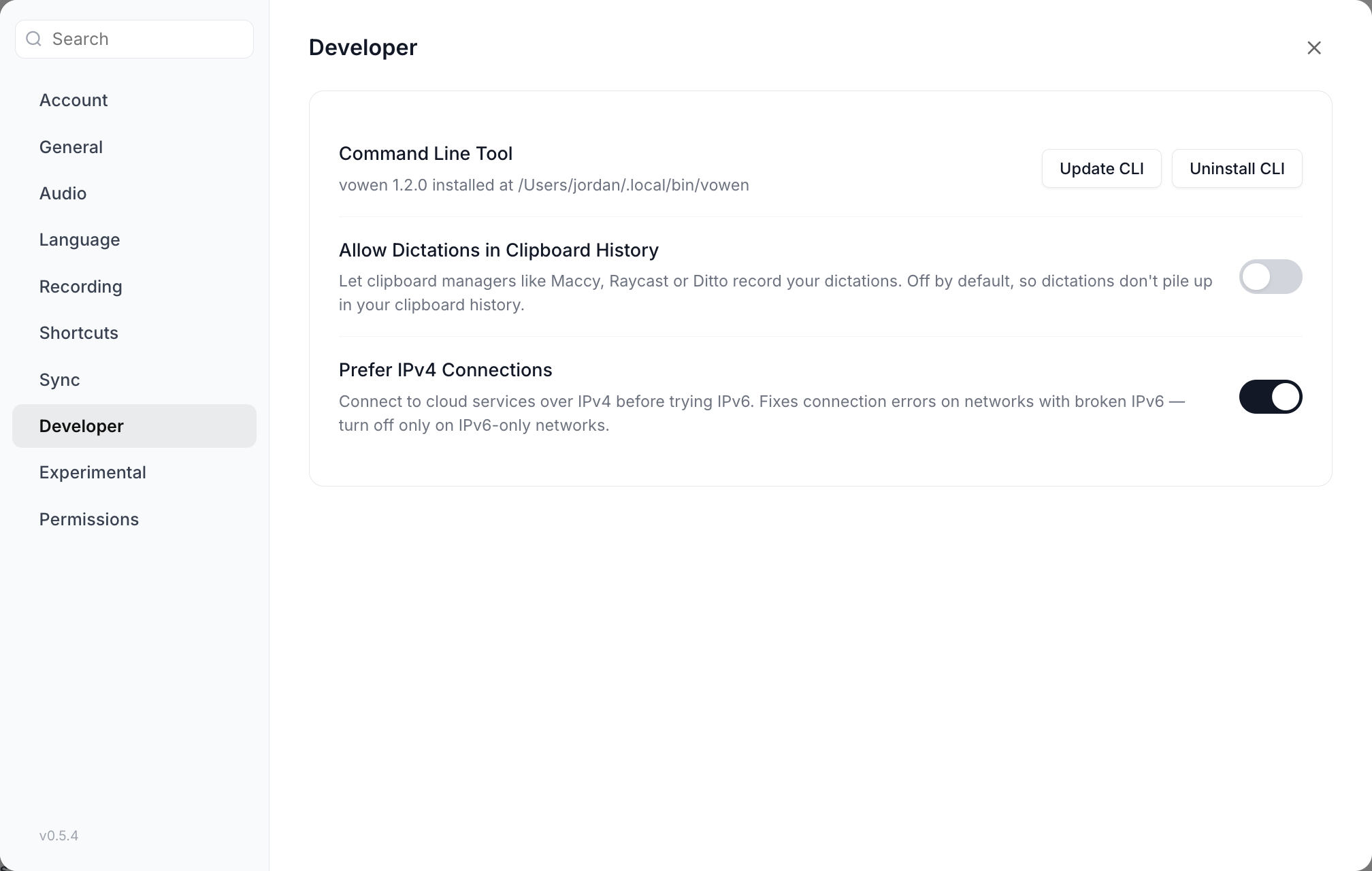 The Developer section of Settings