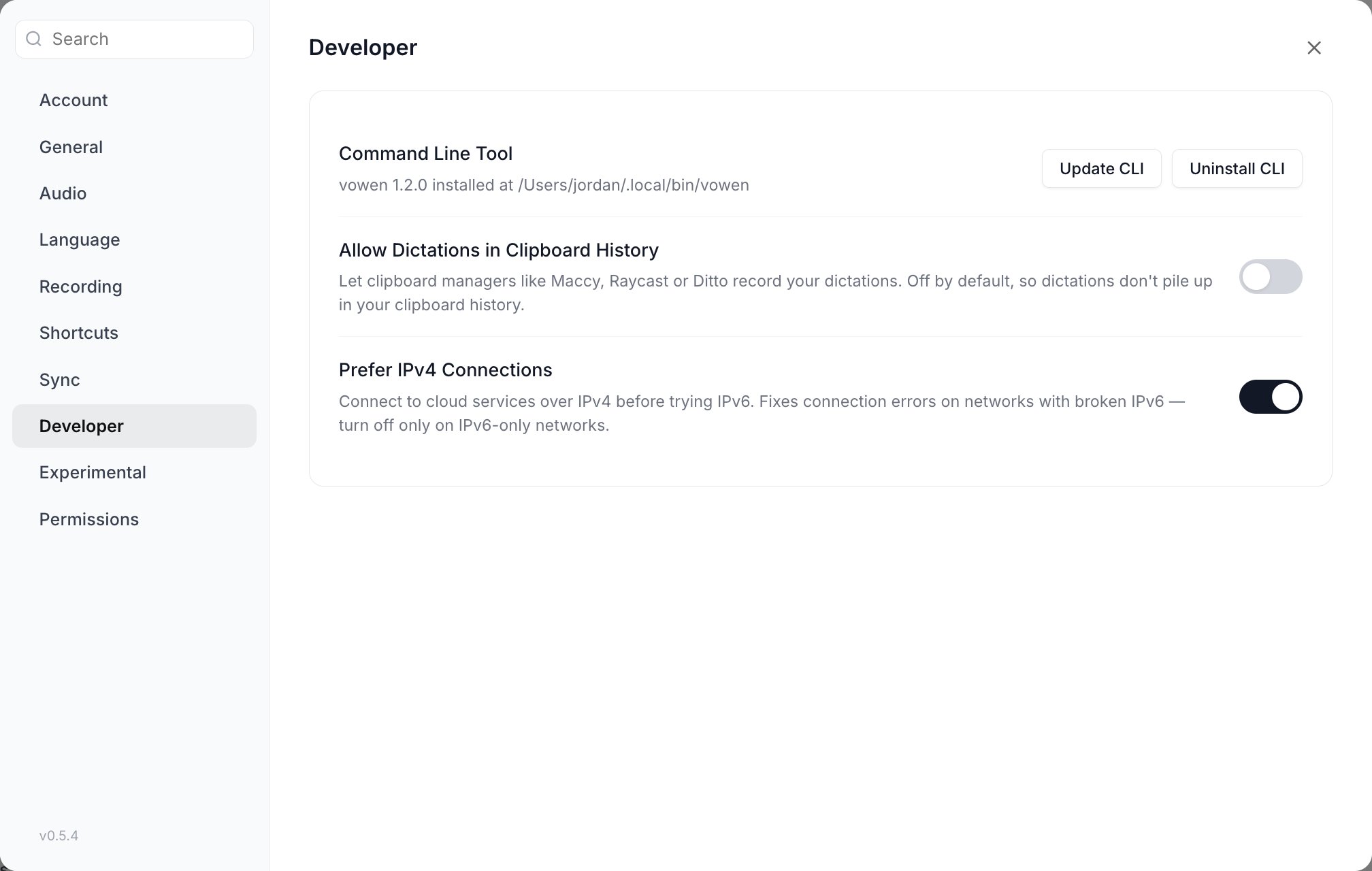 The Developer section of Settings