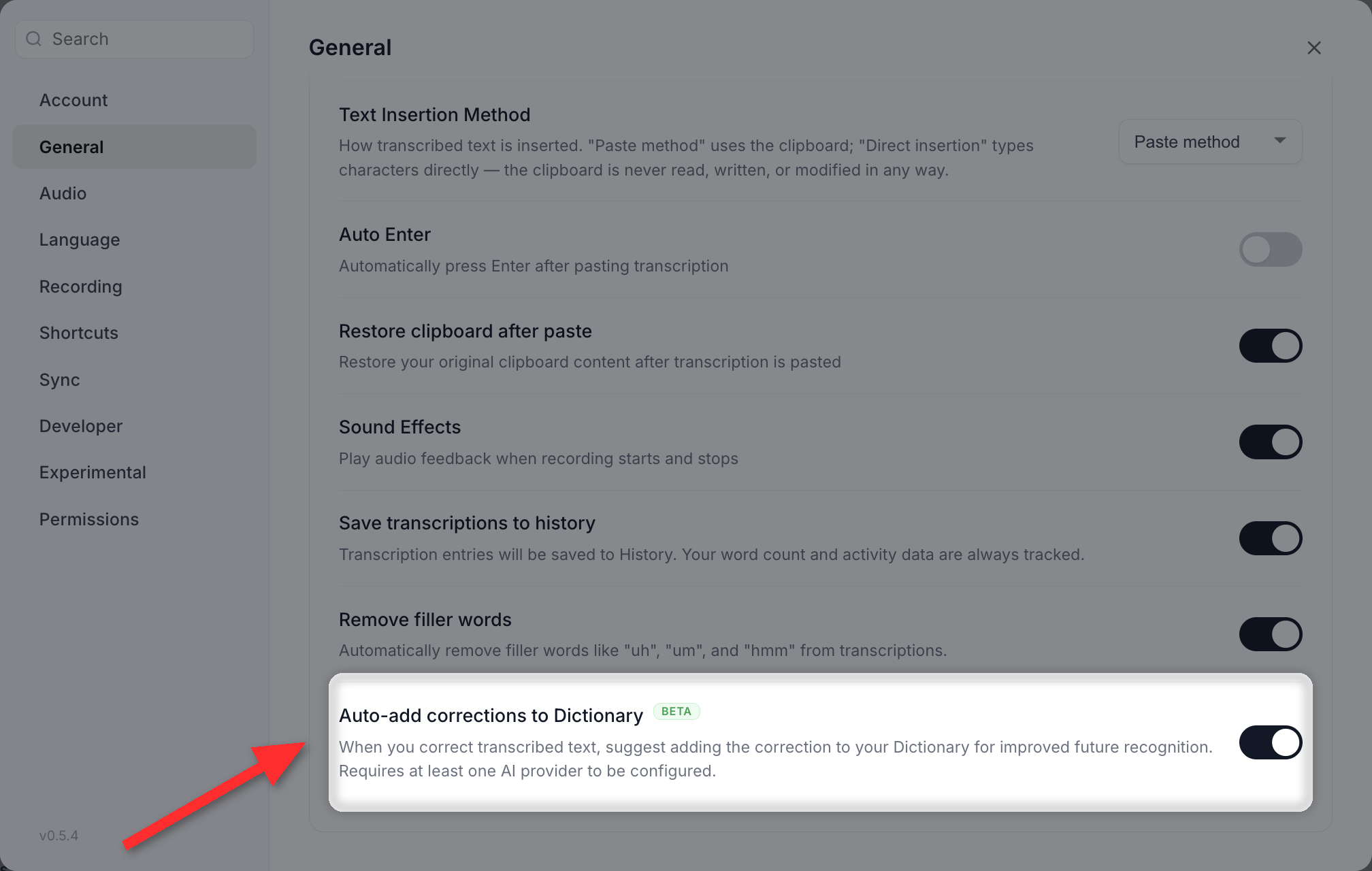 Settings > General with the Auto-add corrections to Dictionary row highlighted, carrying a Beta badge