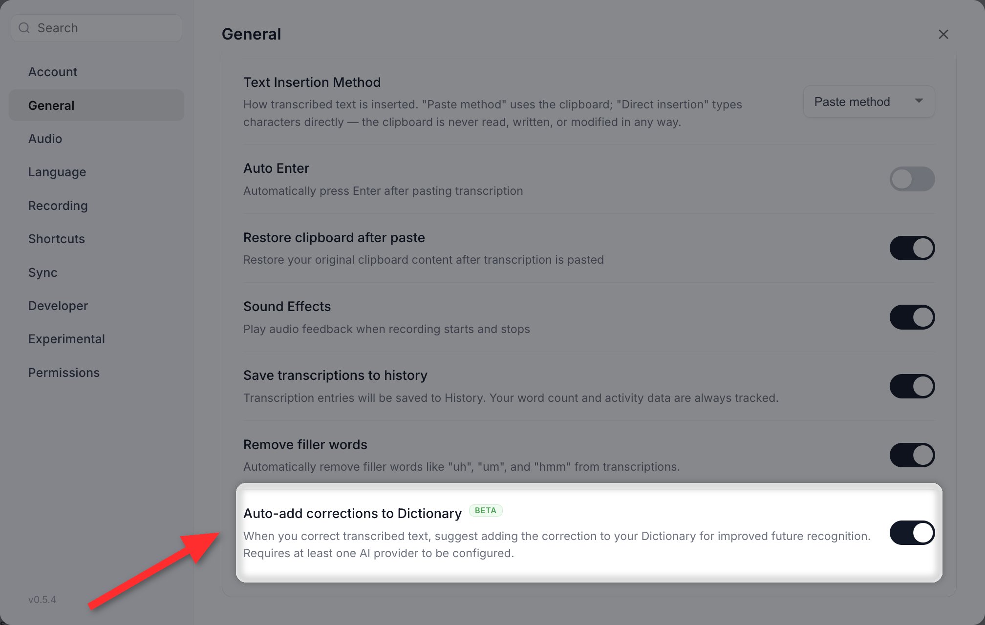 Settings > General with the Auto-add corrections to Dictionary row highlighted, carrying a Beta badge