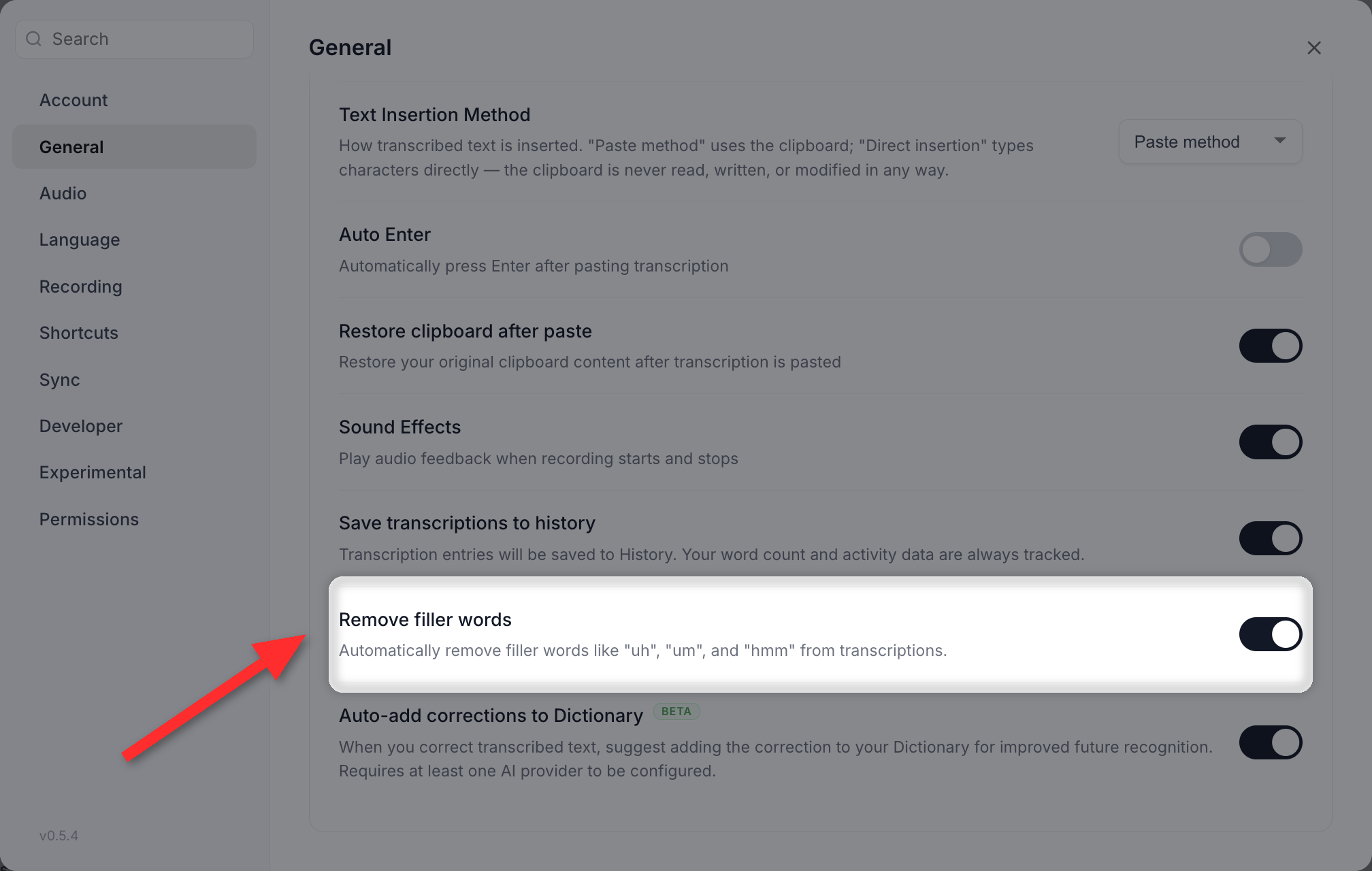 Settings > General with the Remove filler words row highlighted and its toggle on