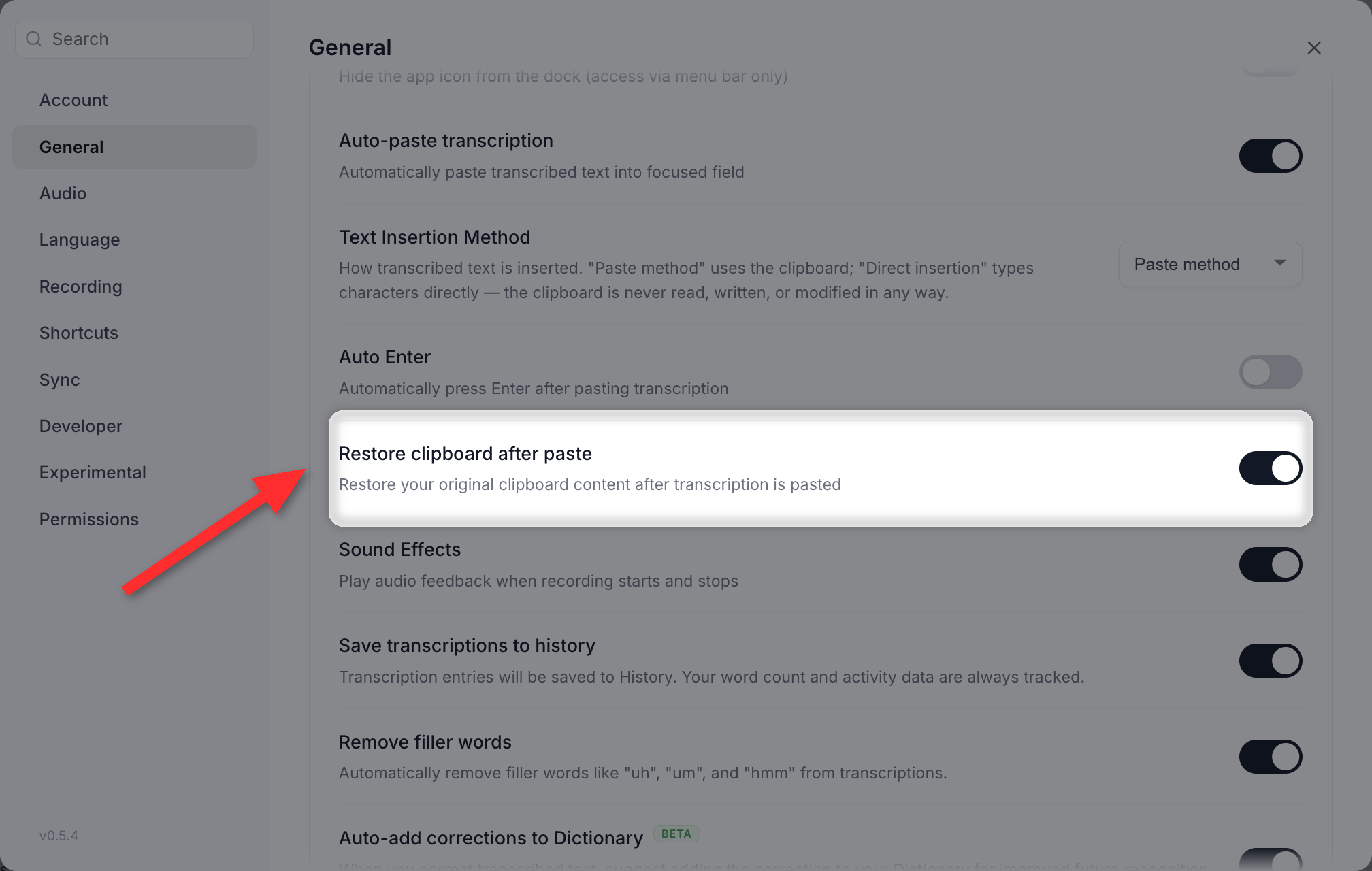 The Restore clipboard after paste toggle in Vowen's General settings, switched on