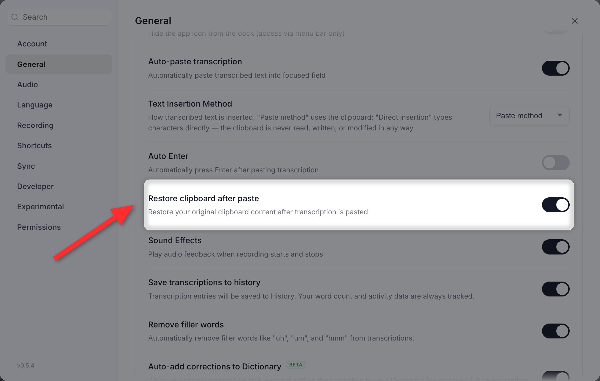 Settings > General with the Restore clipboard after paste row highlighted