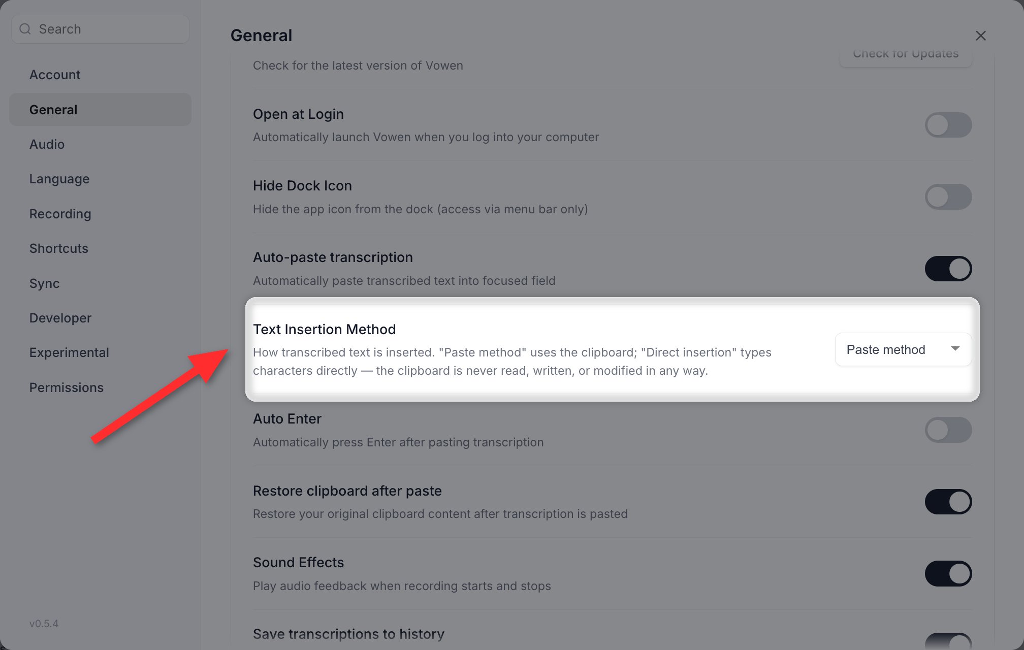 The Text Insertion Method setting in Vowen's General settings, offering Paste method and Direct insertion